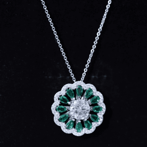 Certified 3 Carat Moissanite Flower Bridal Necklace With Lab Grown Emerald