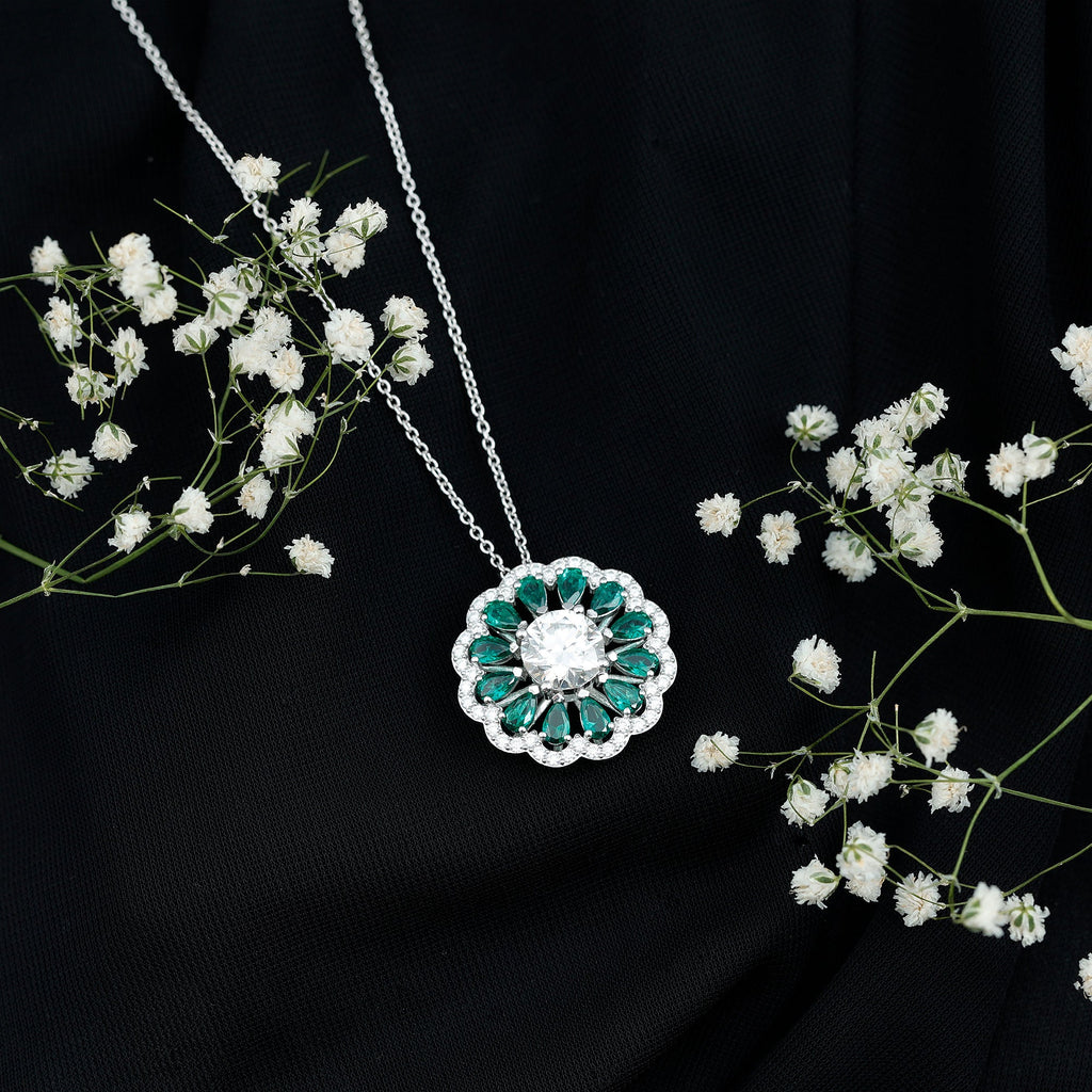 Certified 3 Carat Moissanite Flower Bridal Necklace With Lab Grown Emerald