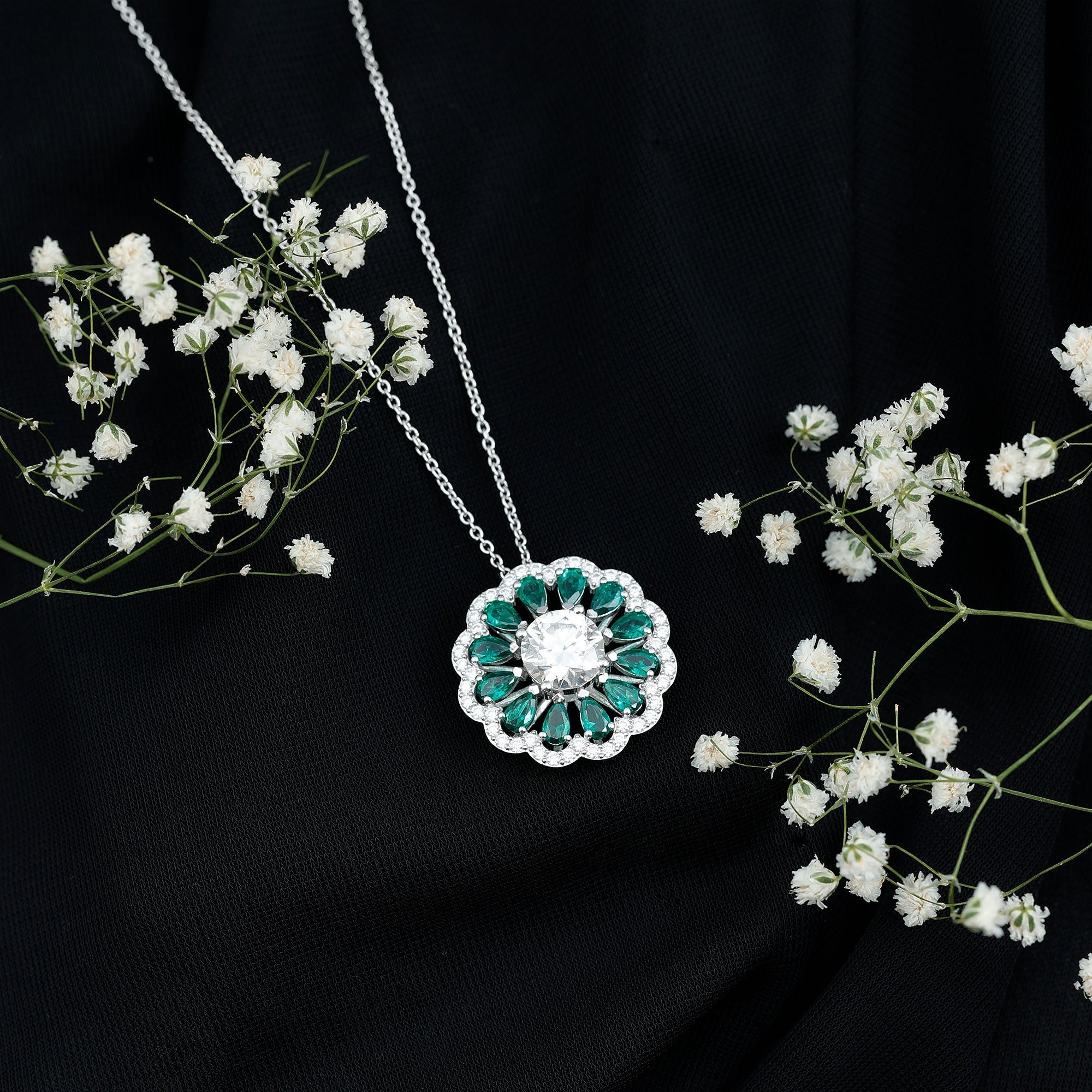 Certified 3 Carat Moissanite Flower Bridal Necklace With Lab Grown Emerald