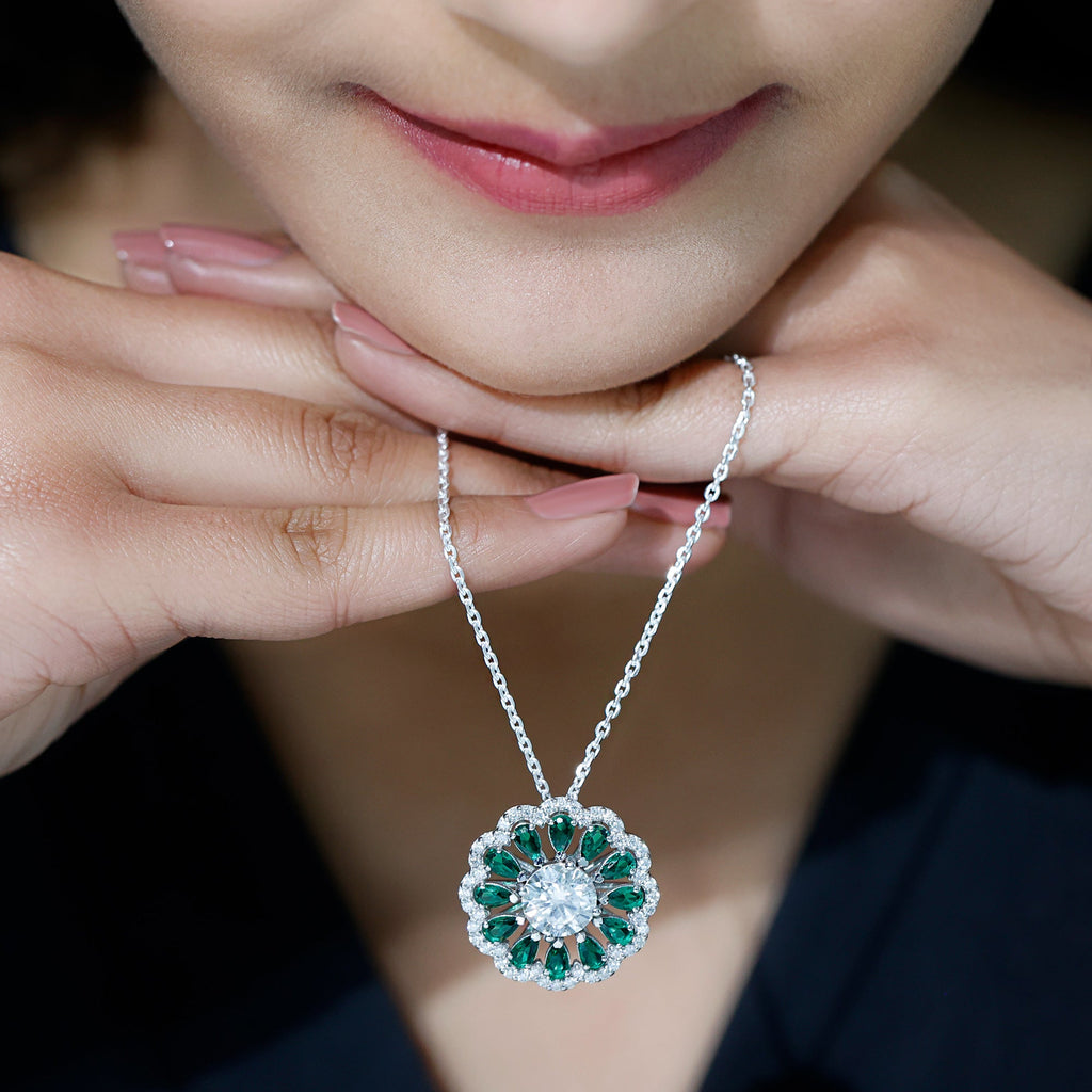 Certified 3 Carat Moissanite Flower Bridal Necklace With Lab Grown Emerald