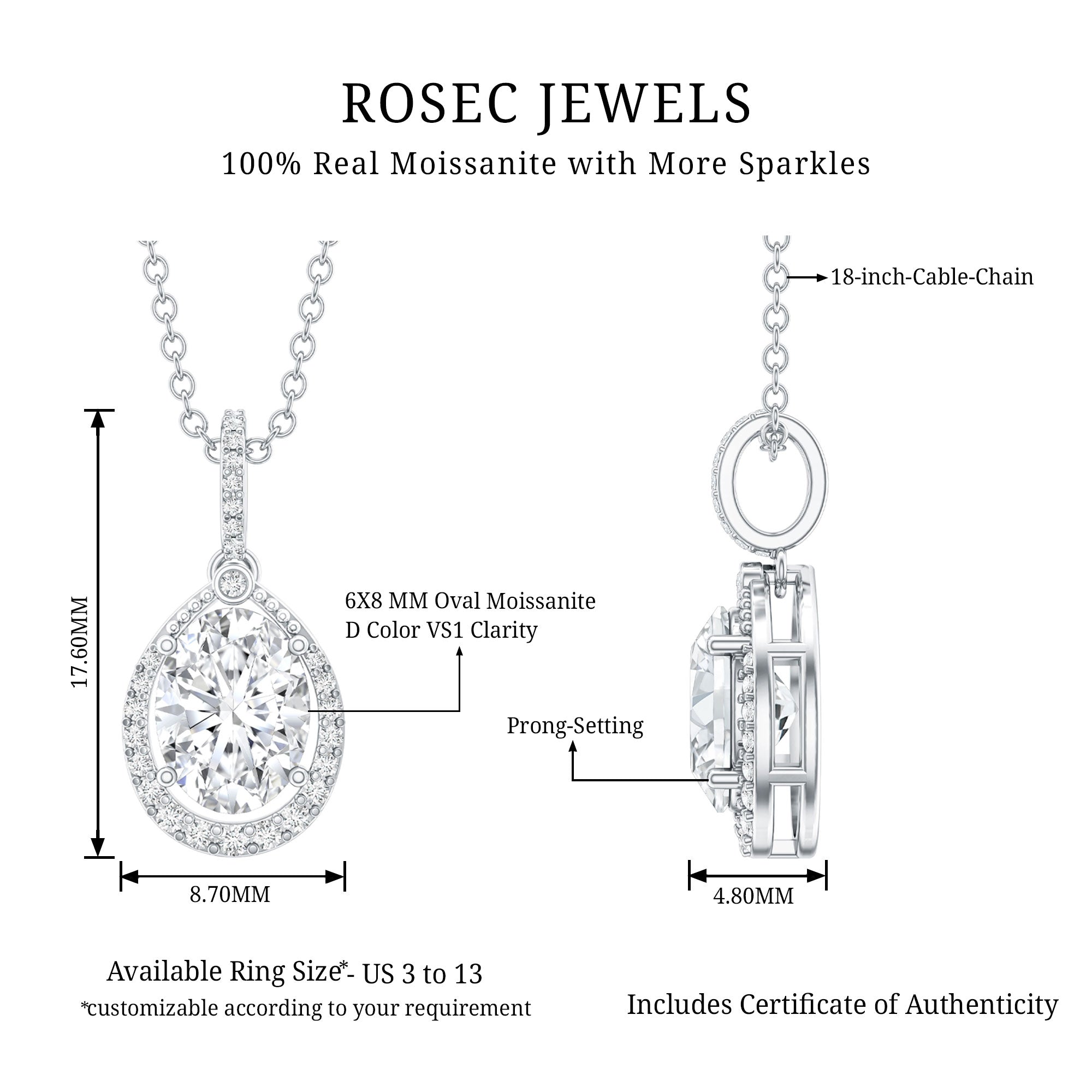 Certified 1.2 Carat Oval Moissanite Bridal Necklace For Wedding in Silver