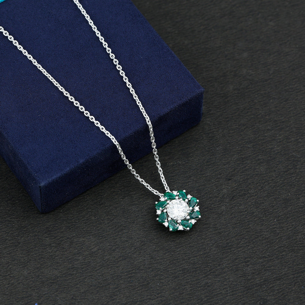 Certified 2 Carat Moissanite and Lab Emerald Flower Necklace in Silver