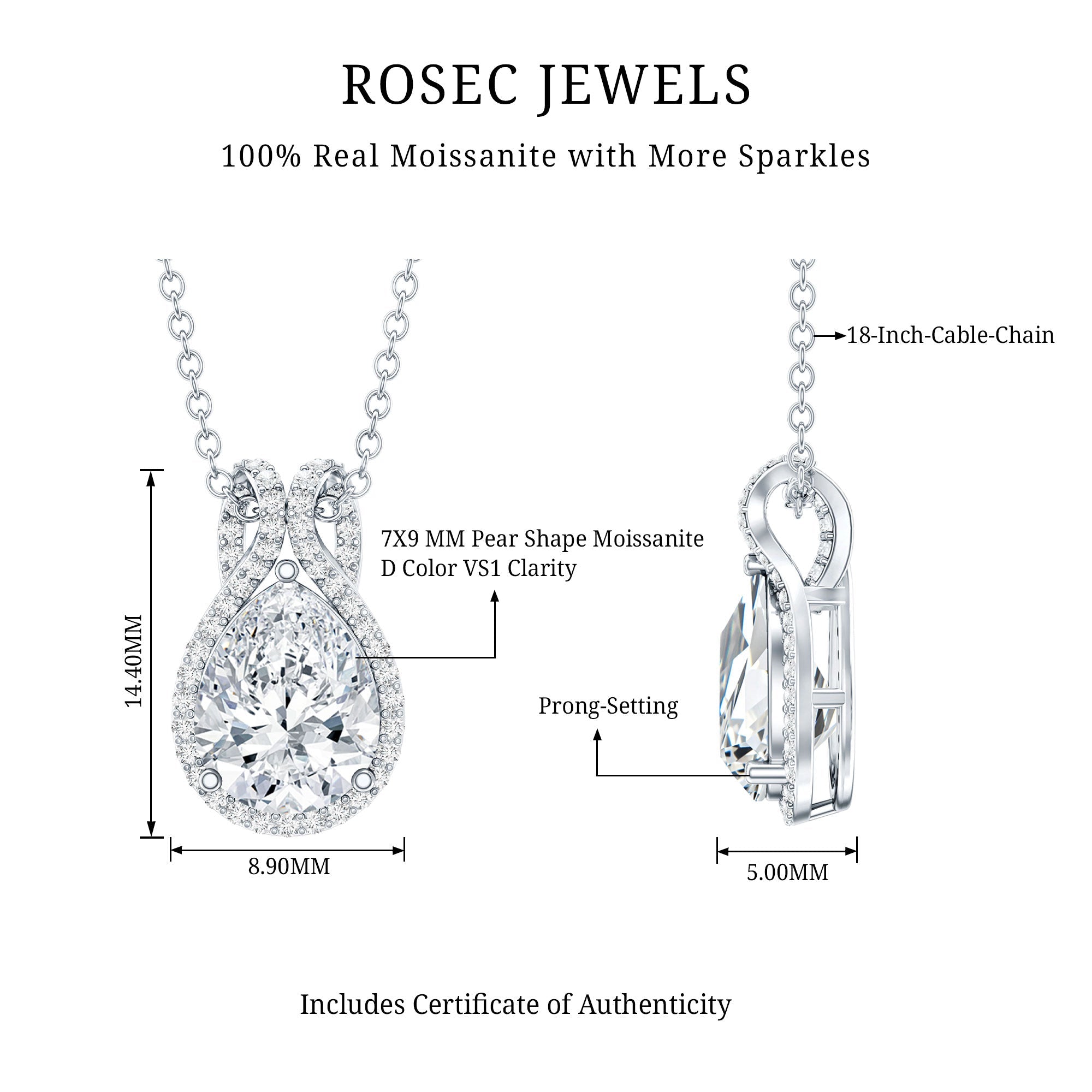 Certified 1.4 Carat Moissanite Teardrop Wedding Necklace with Silver Chain