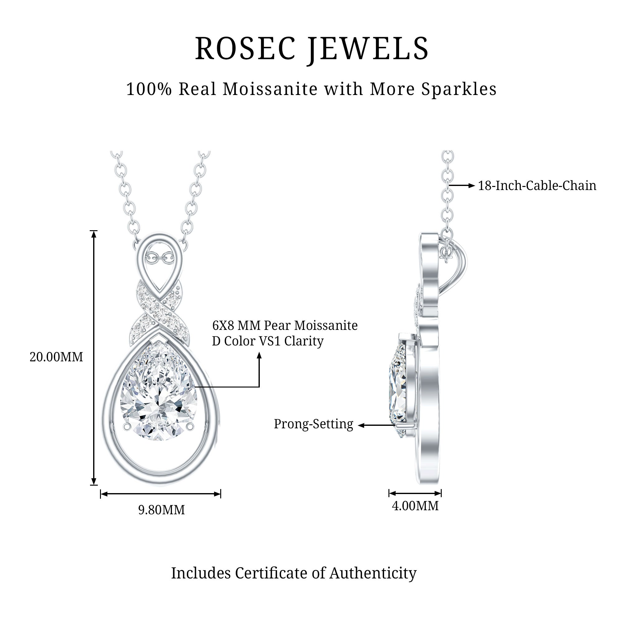 Certified 1.3 Carat Moissanite Bridal Drop Necklace with Silver Chain