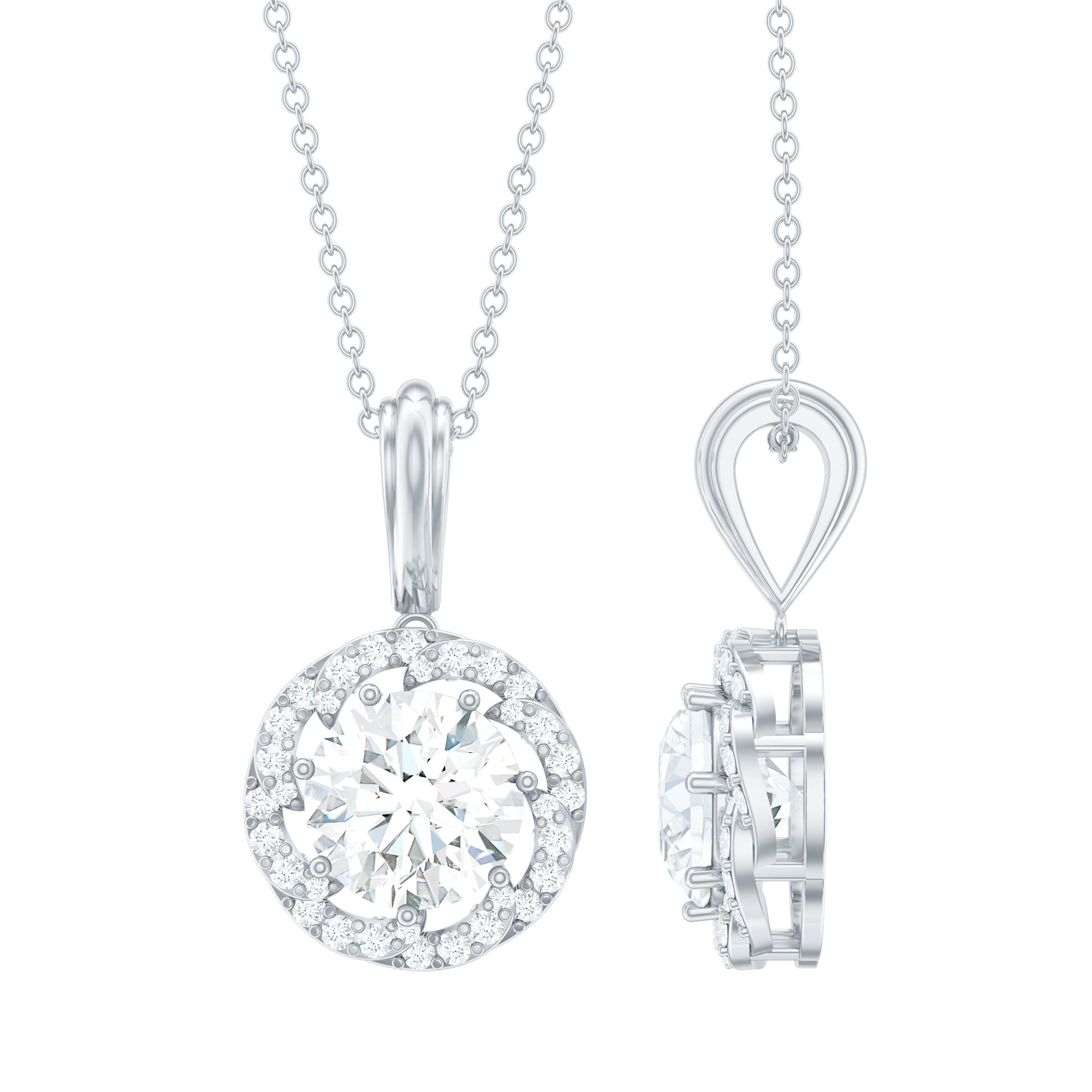 Certified 2 Carat Moissanite Halo Pendant Necklace with Silver Chain