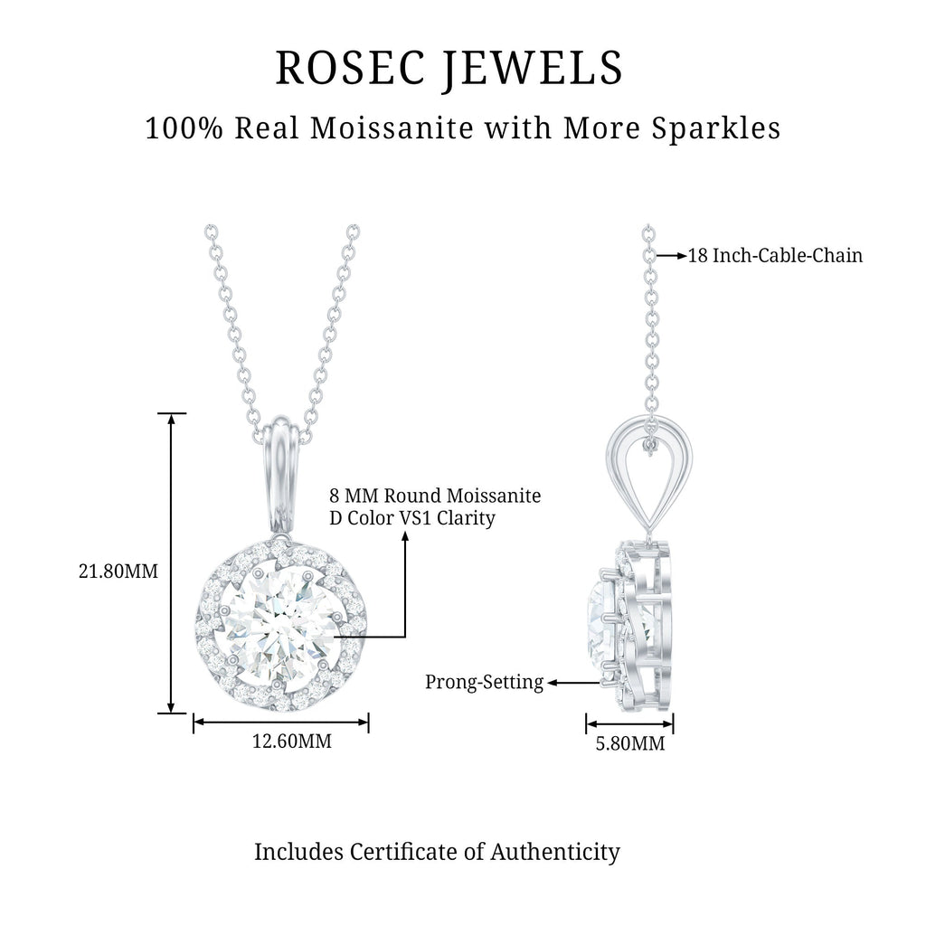 Certified 2 Carat Moissanite Halo Pendant Necklace with Silver Chain