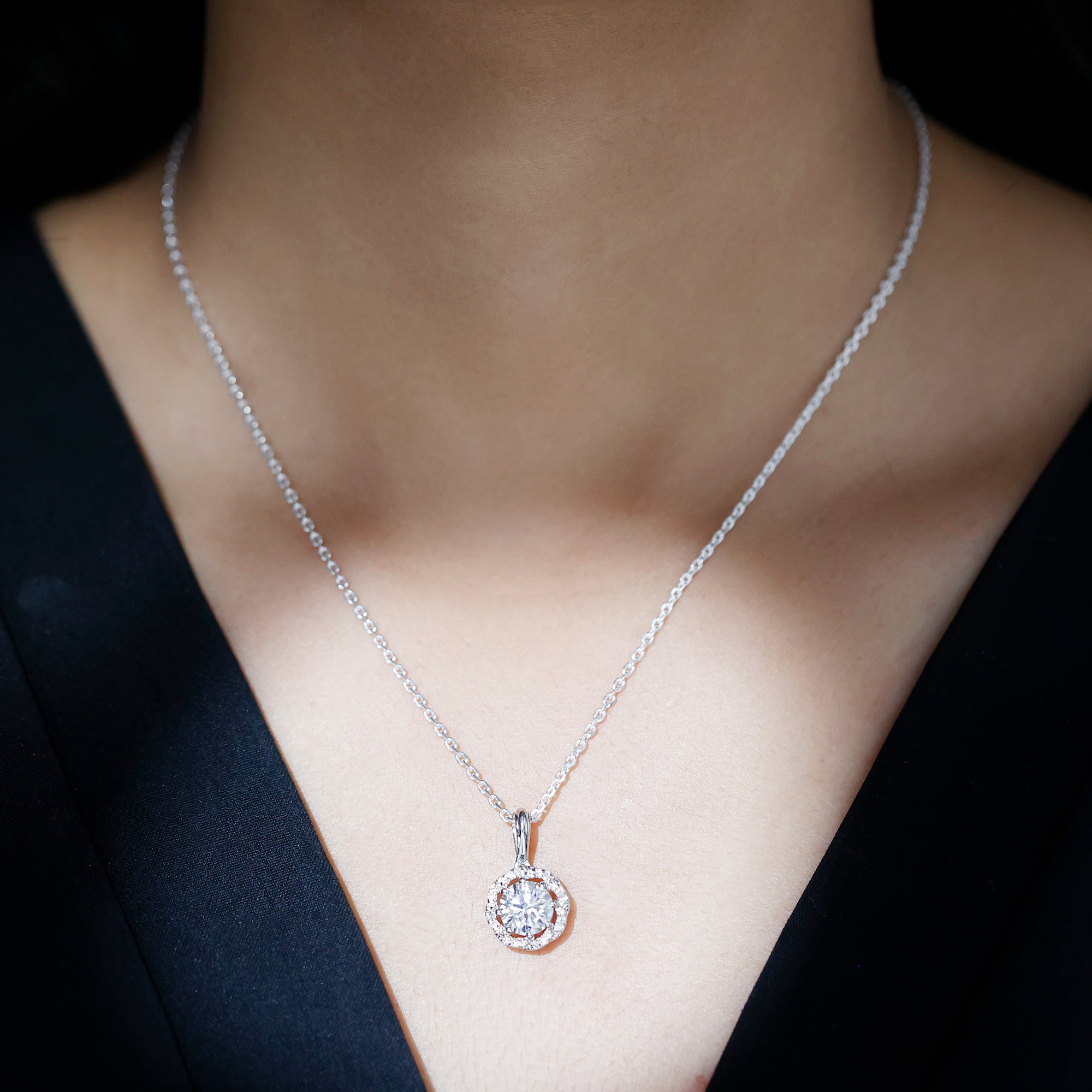 Certified 2 Carat Moissanite Halo Pendant Necklace with Silver Chain
