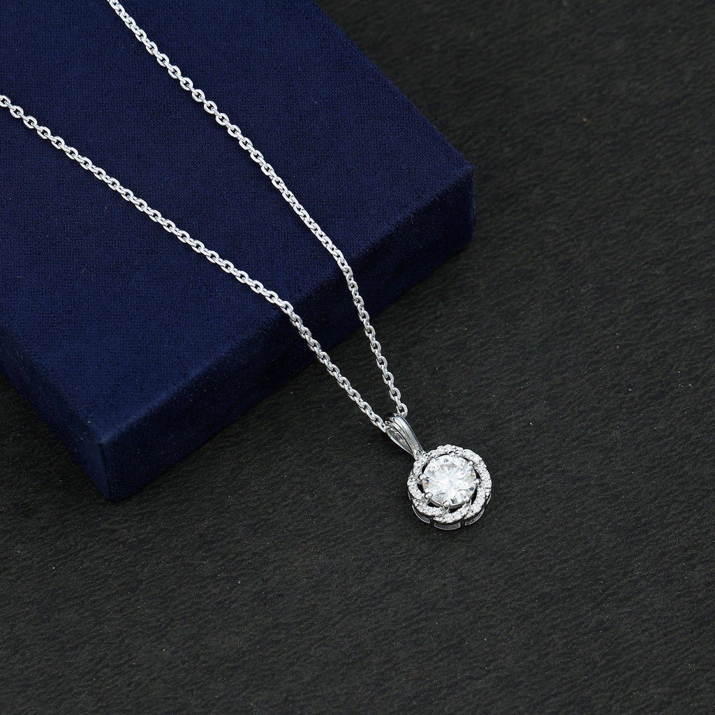 Certified 2 Carat Moissanite Halo Pendant Necklace with Silver Chain