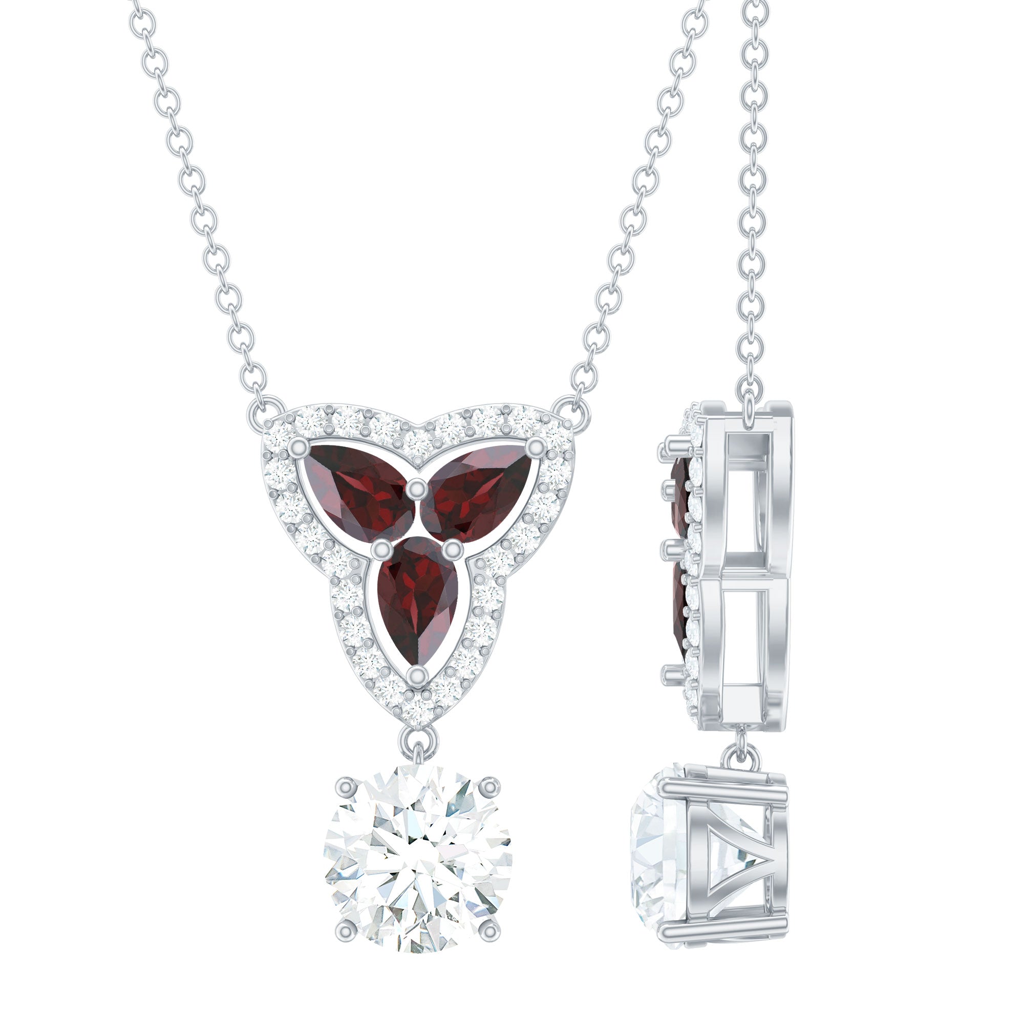 Certified Moissanite and Garnet Designer Bridal Necklace in Silver