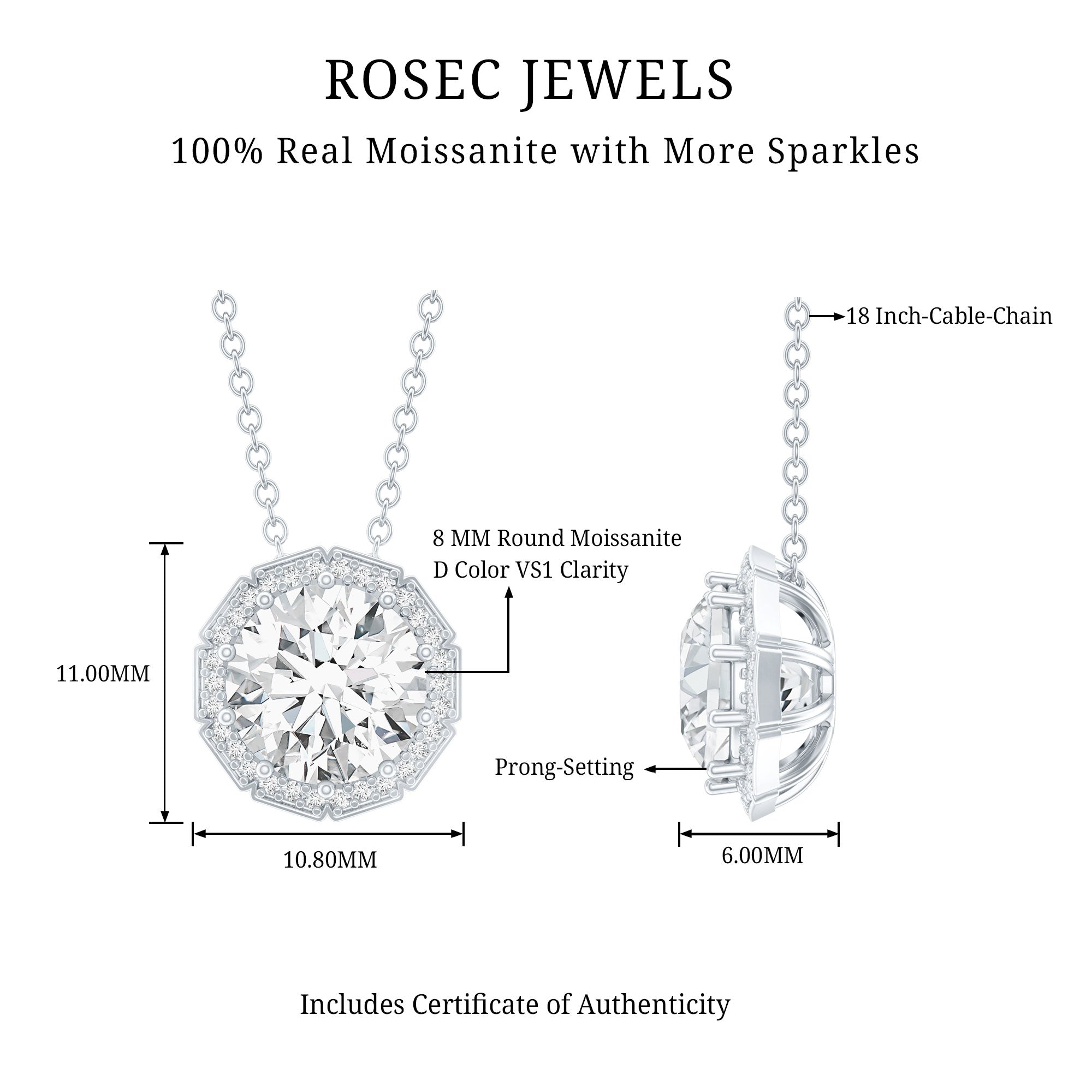 Certified 2 Carat Round Moissanite Designer Necklace with Silver Chain