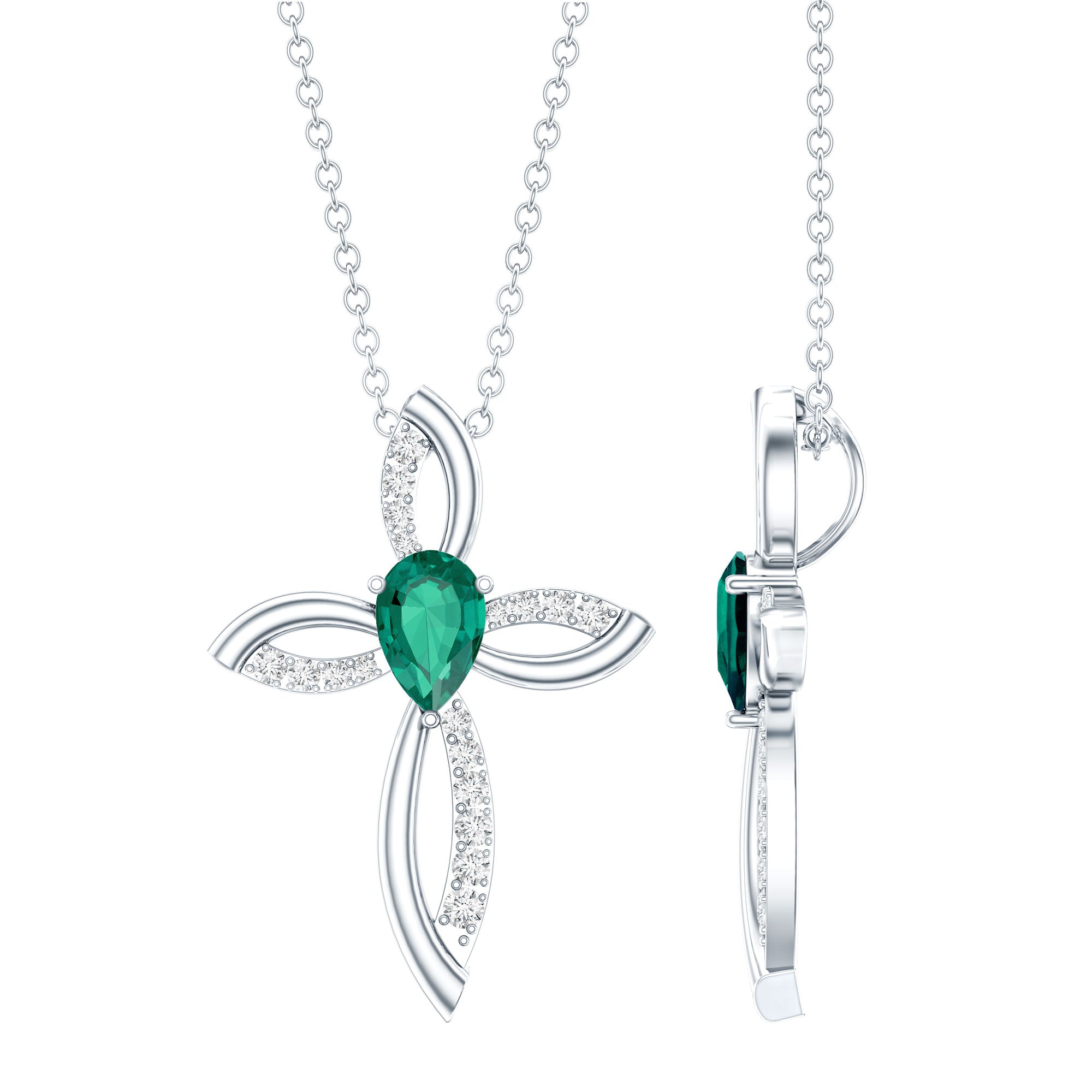 Pear Shape Lab Emerald Cross Locket with Silver Chain