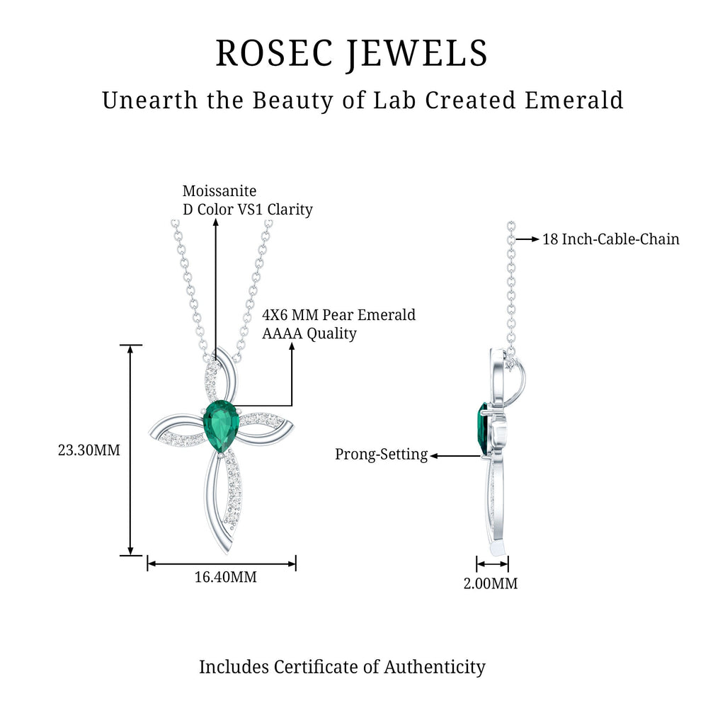 Pear Shape Lab Emerald Cross Locket with Silver Chain