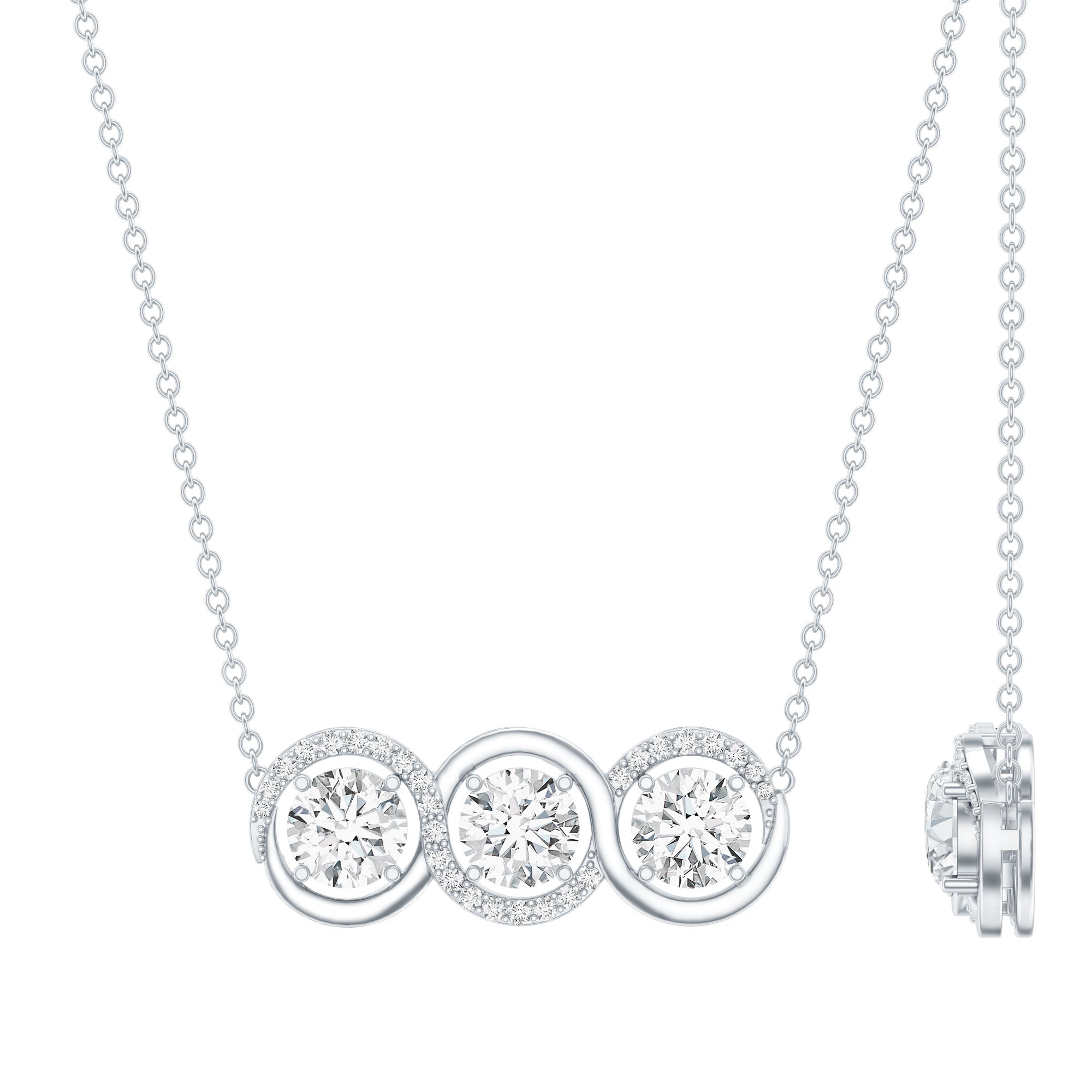 Certified Round Moissanite 3 Stone Bar Necklace with Silver Chain