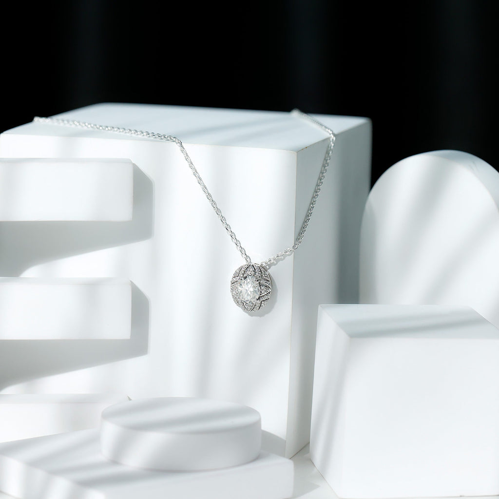 Art Deco Style 2 Carat Moissanite Designer Necklace with Silver Chain