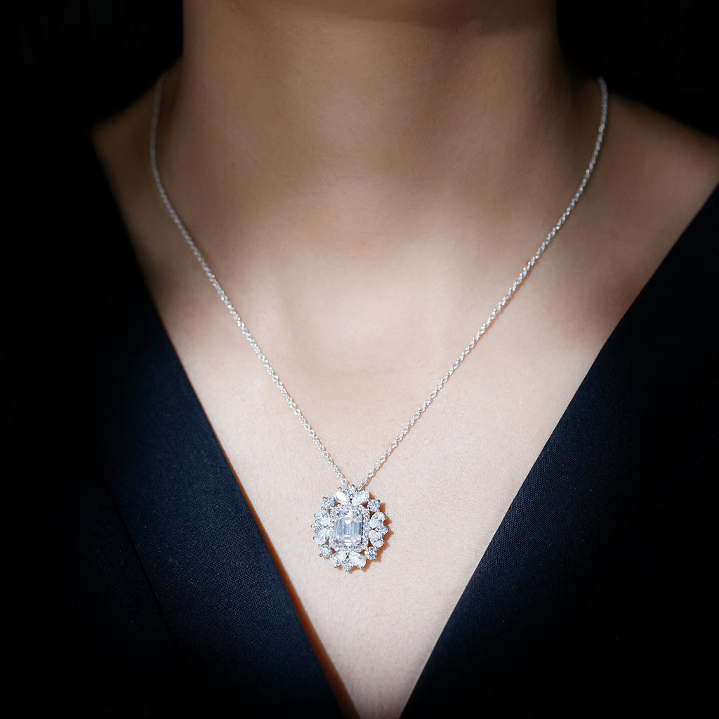 Emerald Cut 7X9 MM Moissanite Vintage Wedding Necklace In Silver