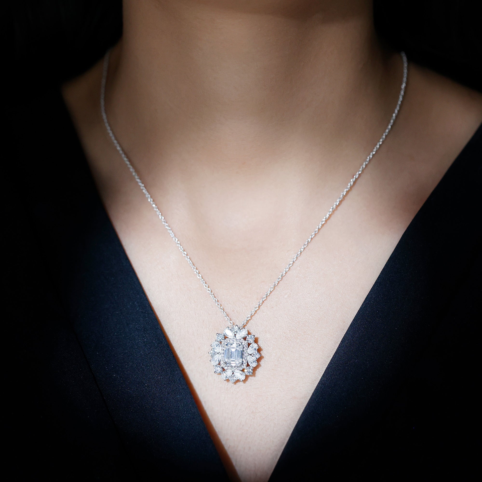 Emerald Cut 7X9 MM Moissanite Vintage Wedding Necklace In Silver