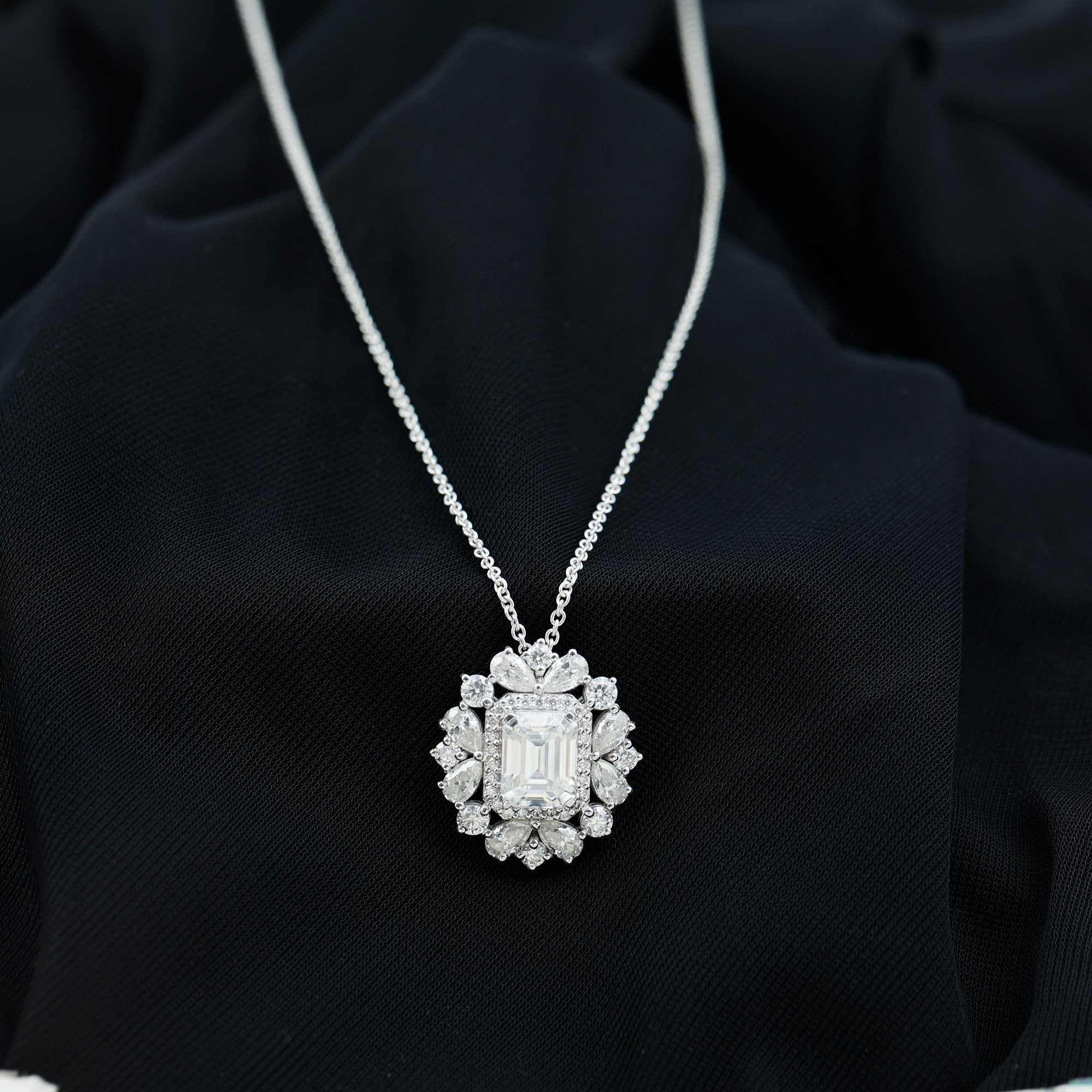 Emerald Cut 7X9 MM Moissanite Vintage Wedding Necklace In Silver