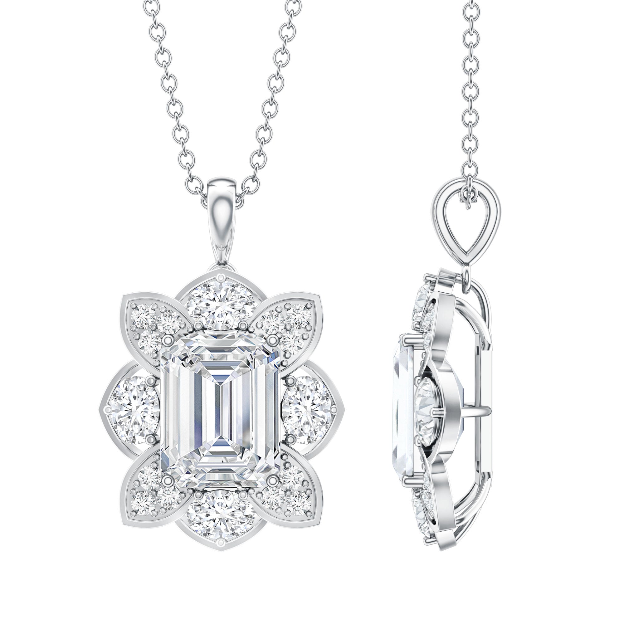 Certified 2.8 Carat Emerald Cut Moissanite Designer Necklace With Silver Chain