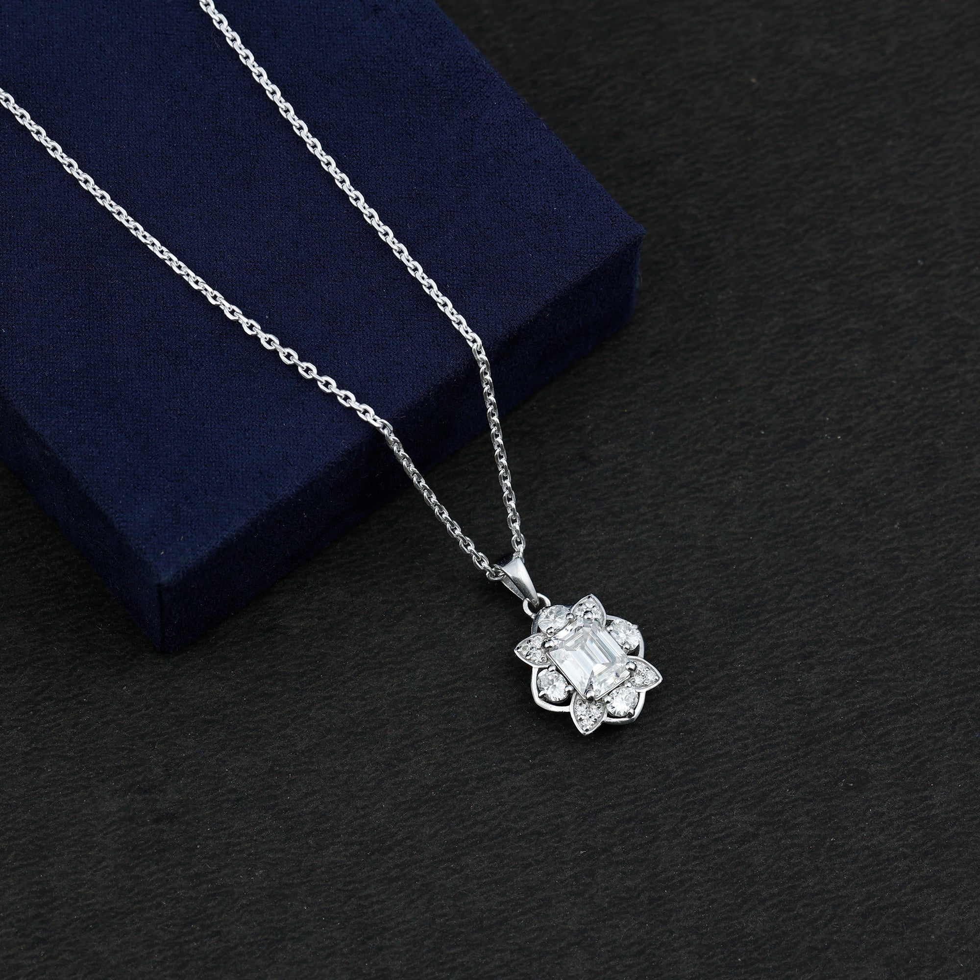 Certified 2.8 Carat Emerald Cut Moissanite Designer Necklace With Silver Chain