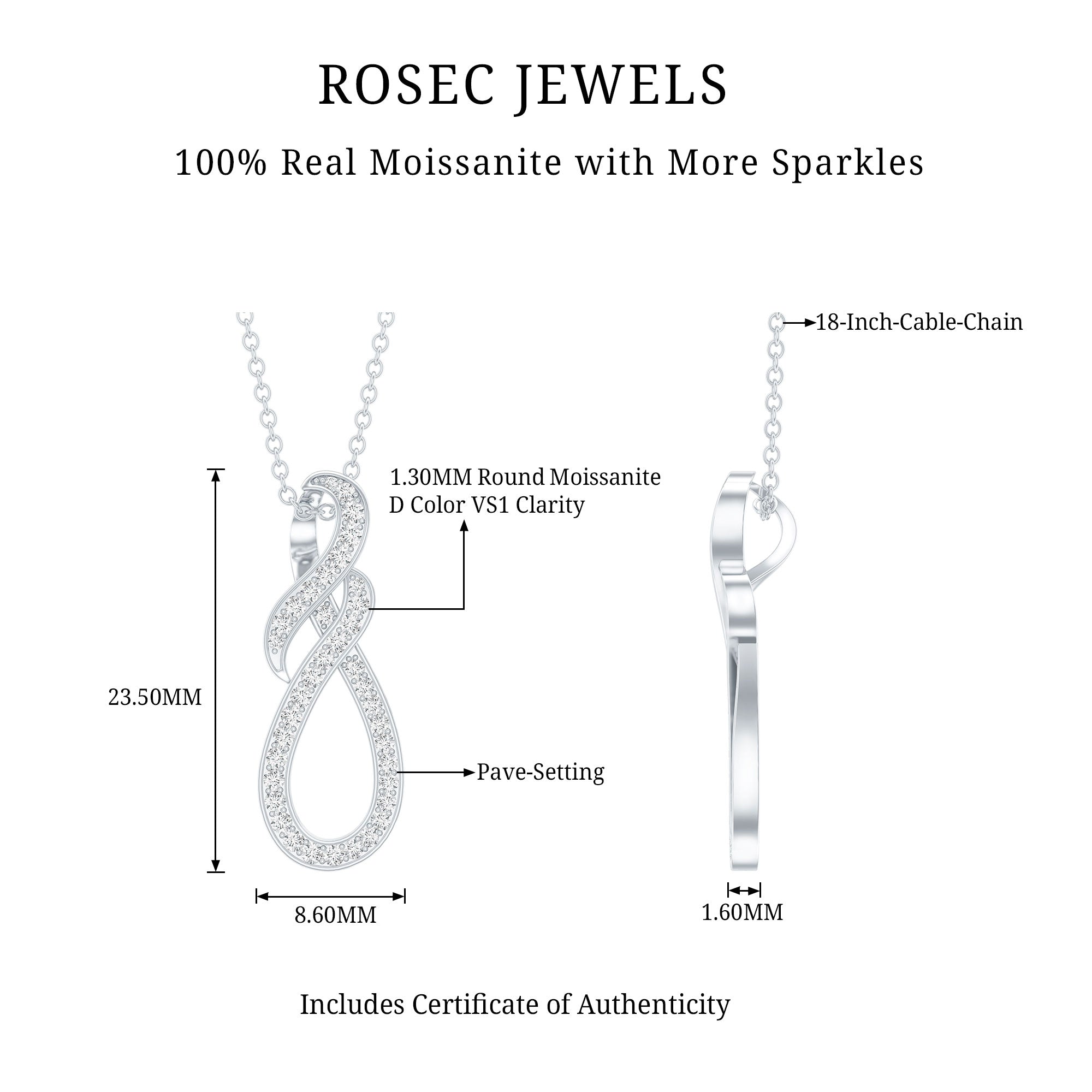 Certified Moissanite Infinity Pendant Necklace with Silver Chain