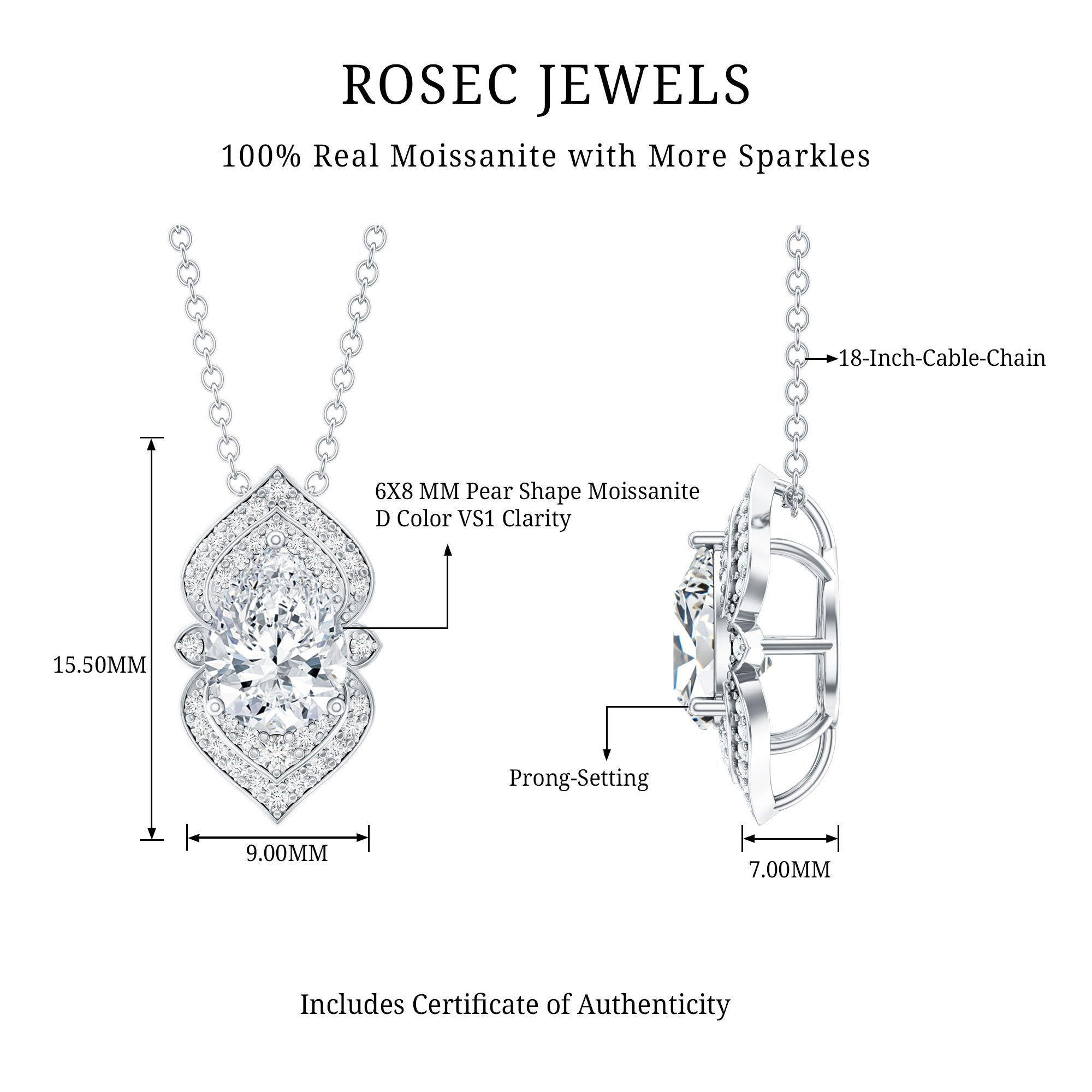 Certified 1.3 Carat Pear Cut Moissanite Vintage Necklace with Silver Chain