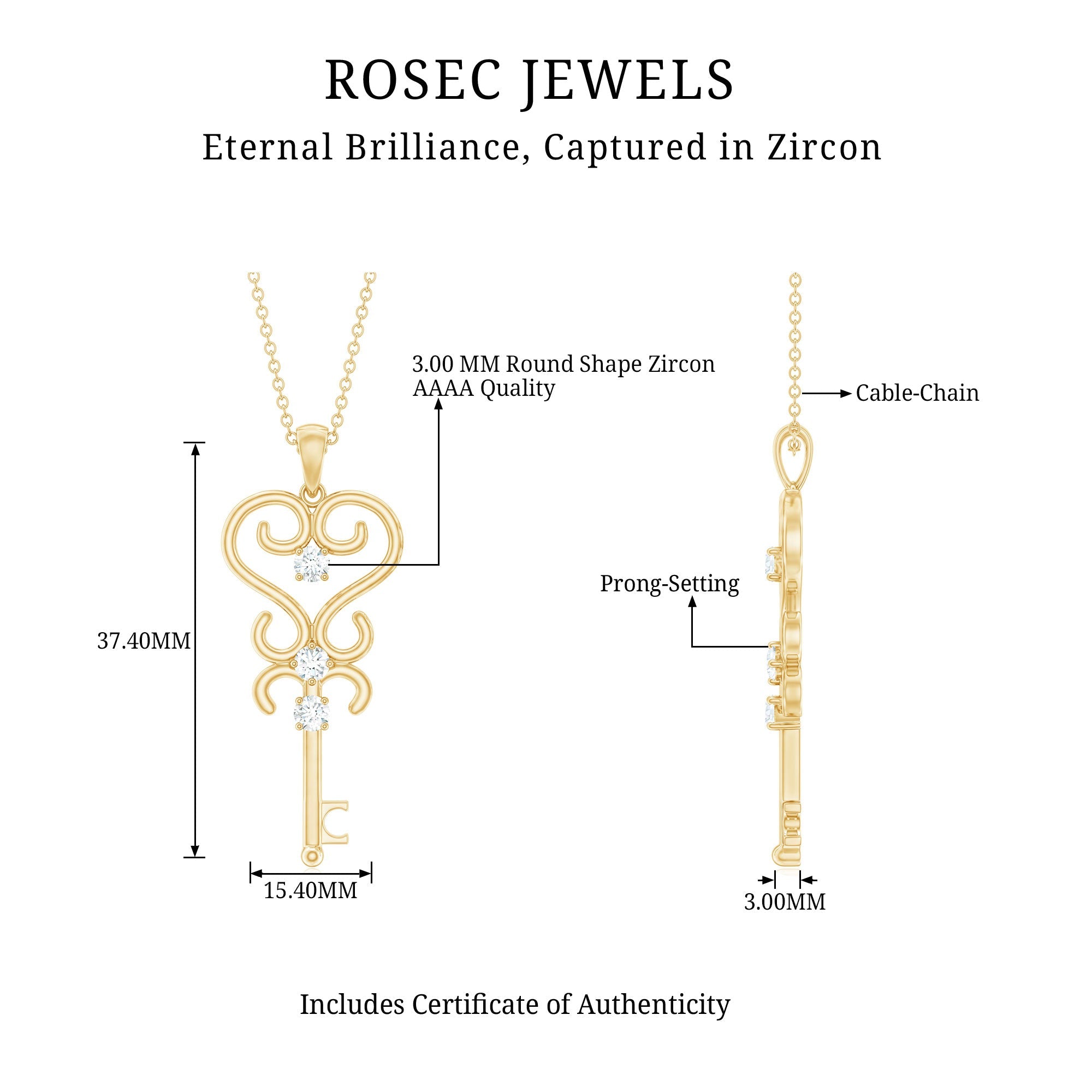 Vintage Inspired Cubic Zirconia Key Necklace with Certificate