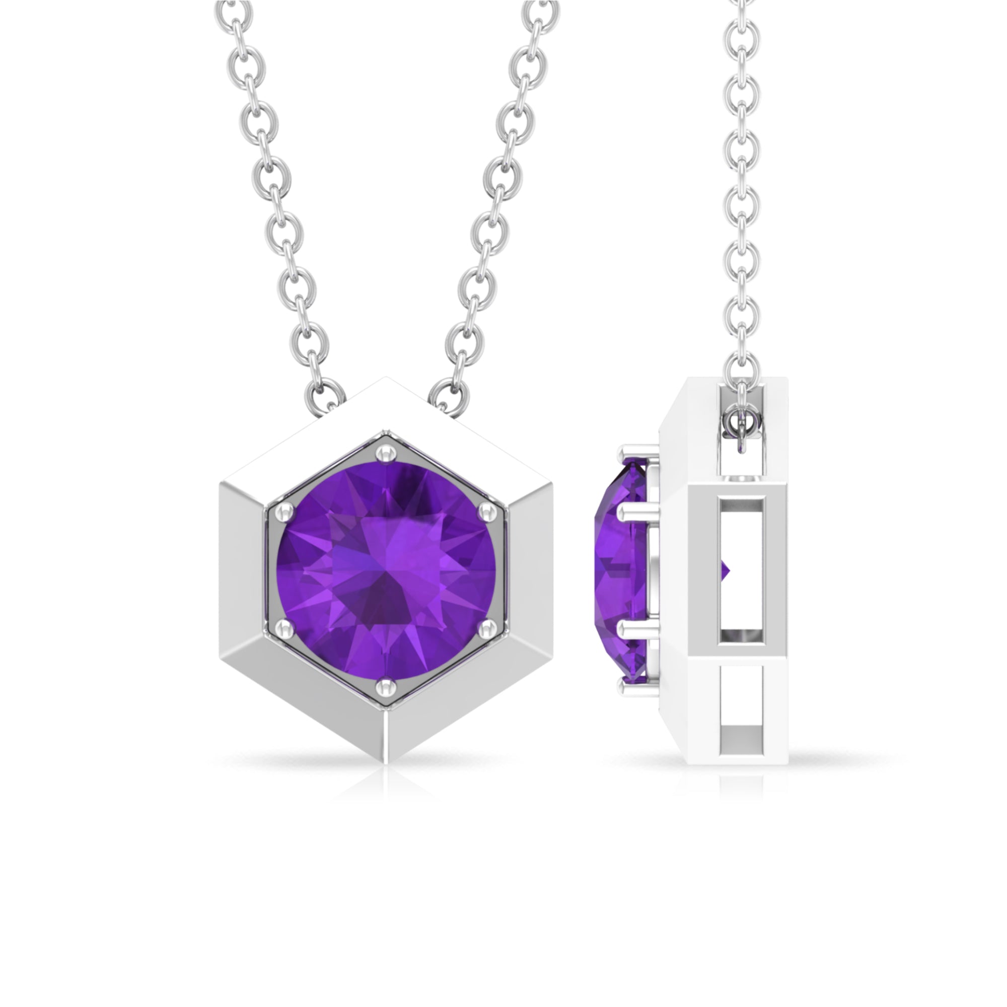 Solitaire Amethyst Hexagon Pendant Necklace