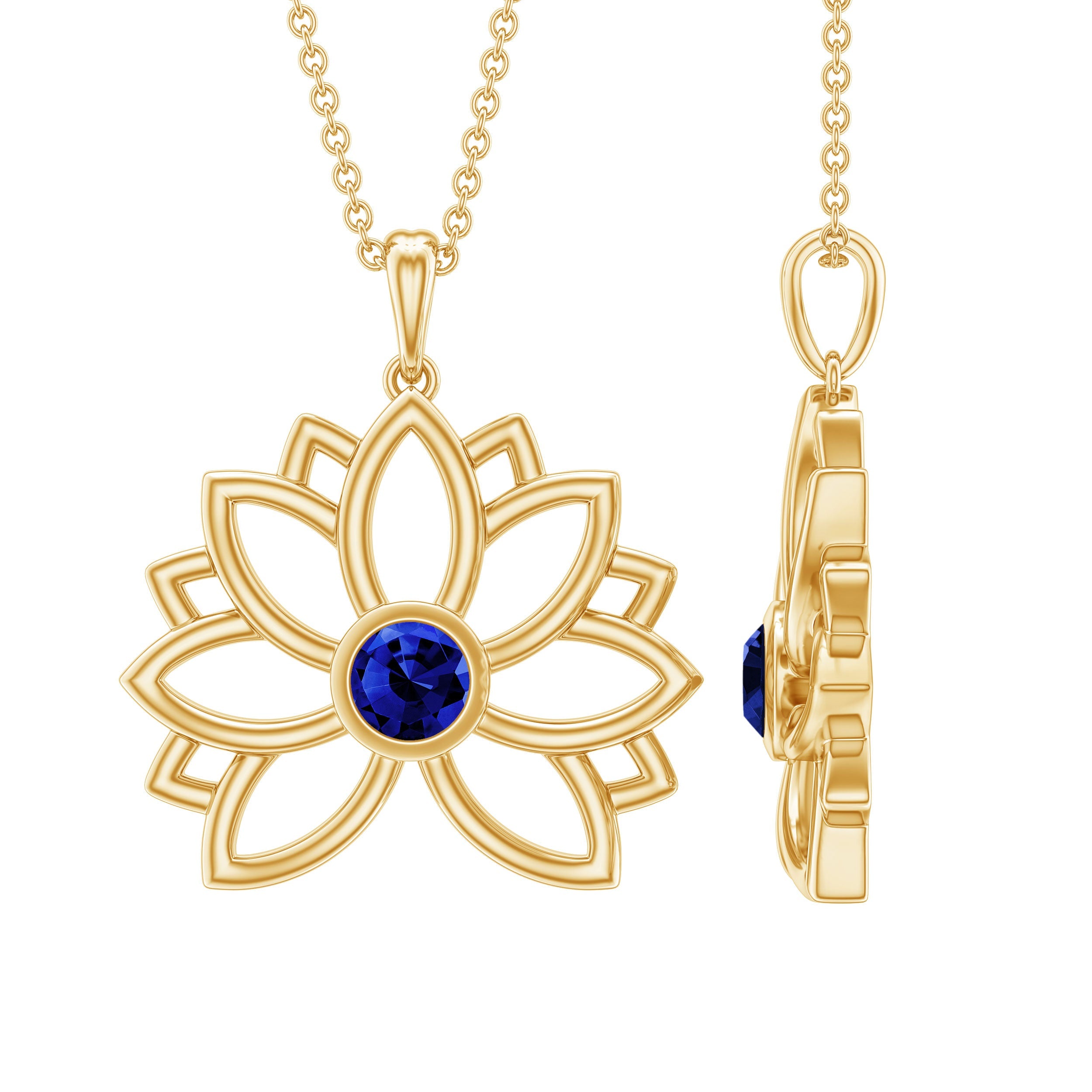 Lab Grown Blue Sapphire Lotus Flower Necklace With Chain