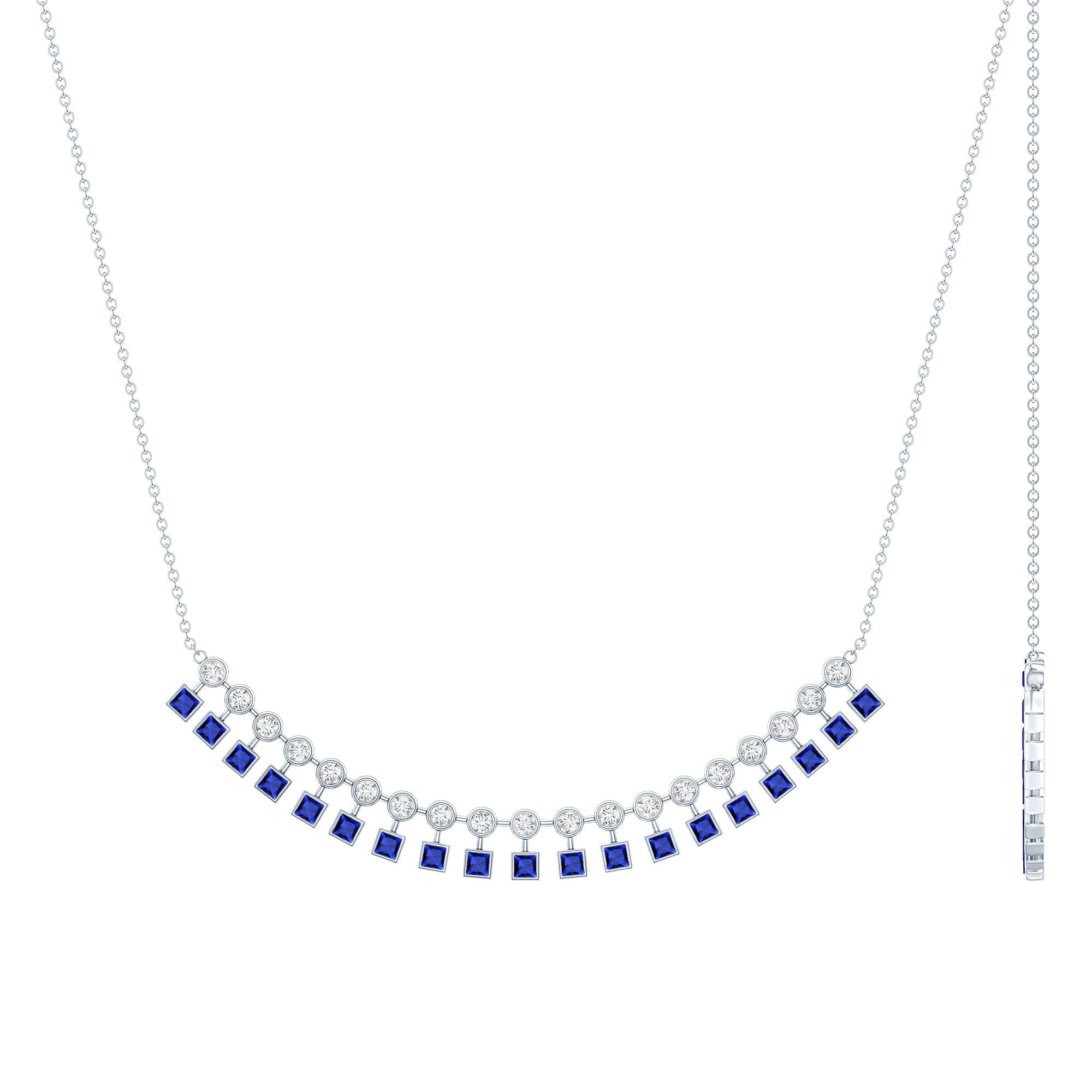 Sterling Silver Lab Grown Blue Sapphire Curved Bar Necklace for Wedding