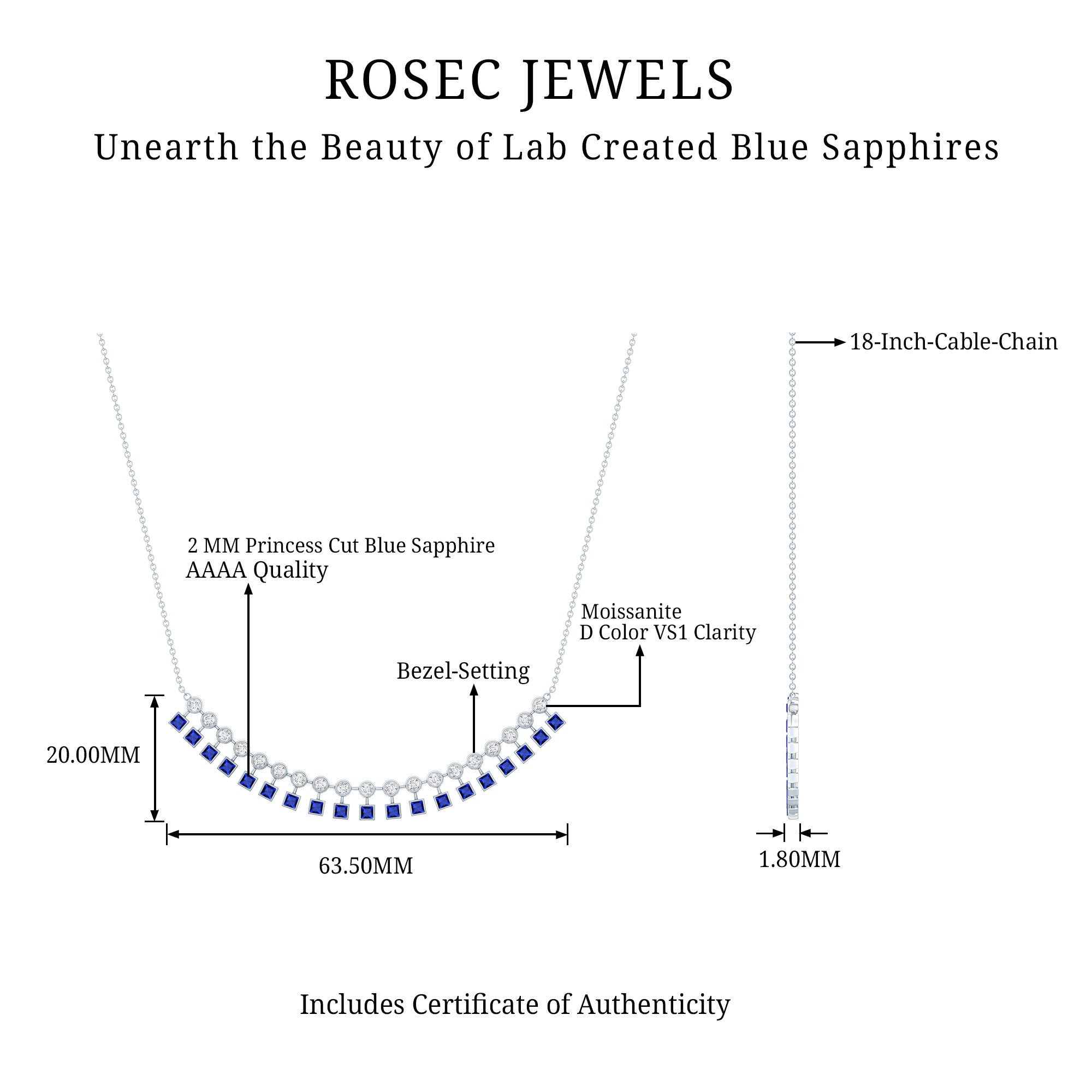 Sterling Silver Lab Grown Blue Sapphire Curved Bar Necklace for Wedding