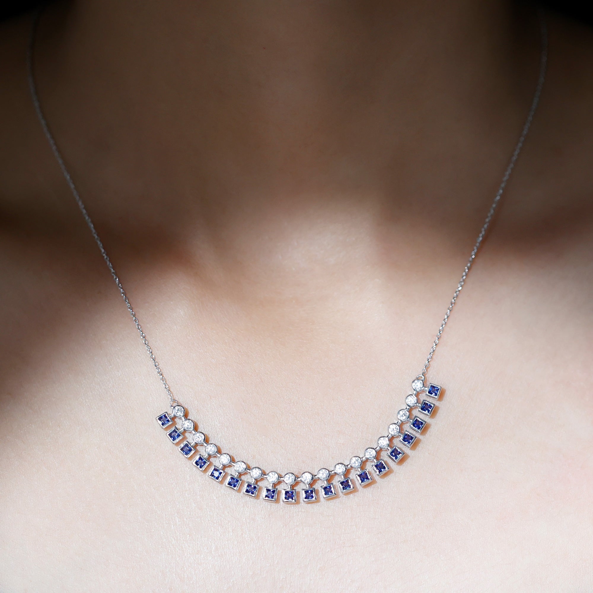 Sterling Silver Lab Grown Blue Sapphire Curved Bar Necklace for Wedding
