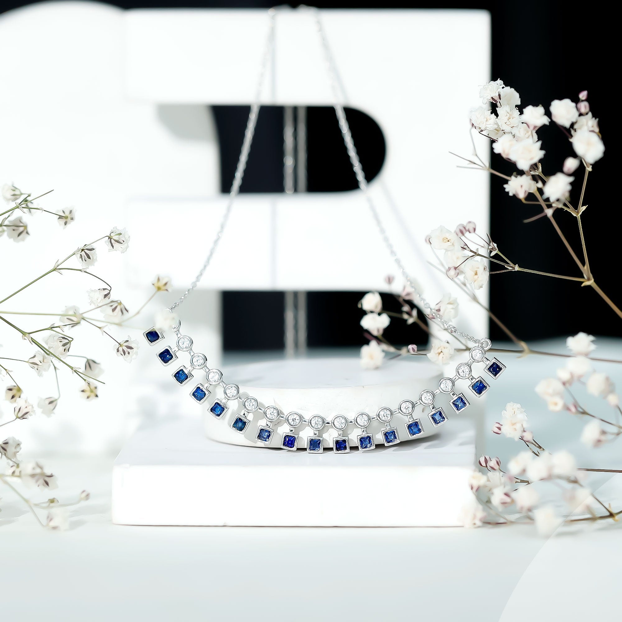 Sterling Silver Lab Grown Blue Sapphire Curved Bar Necklace for Wedding