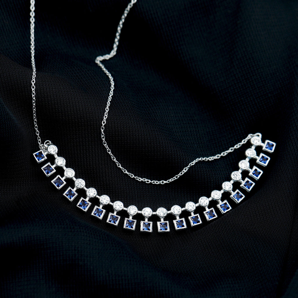 Sterling Silver Lab Grown Blue Sapphire Curved Bar Necklace for Wedding