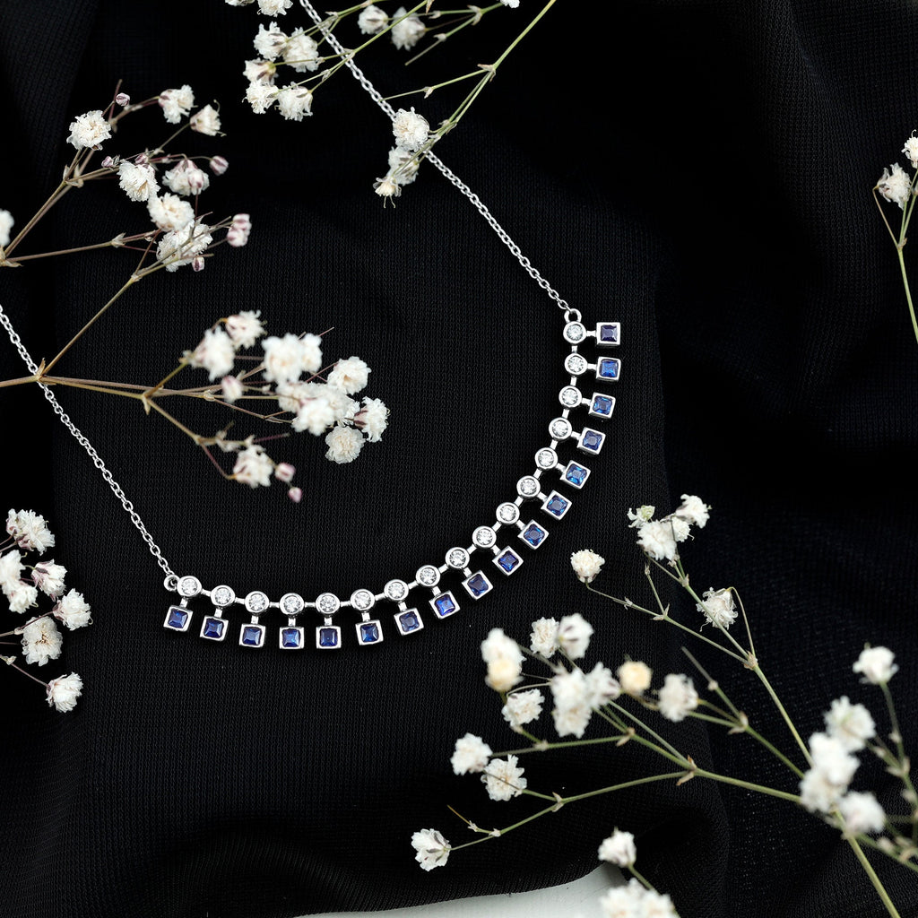 Sterling Silver Lab Grown Blue Sapphire Curved Bar Necklace for Wedding