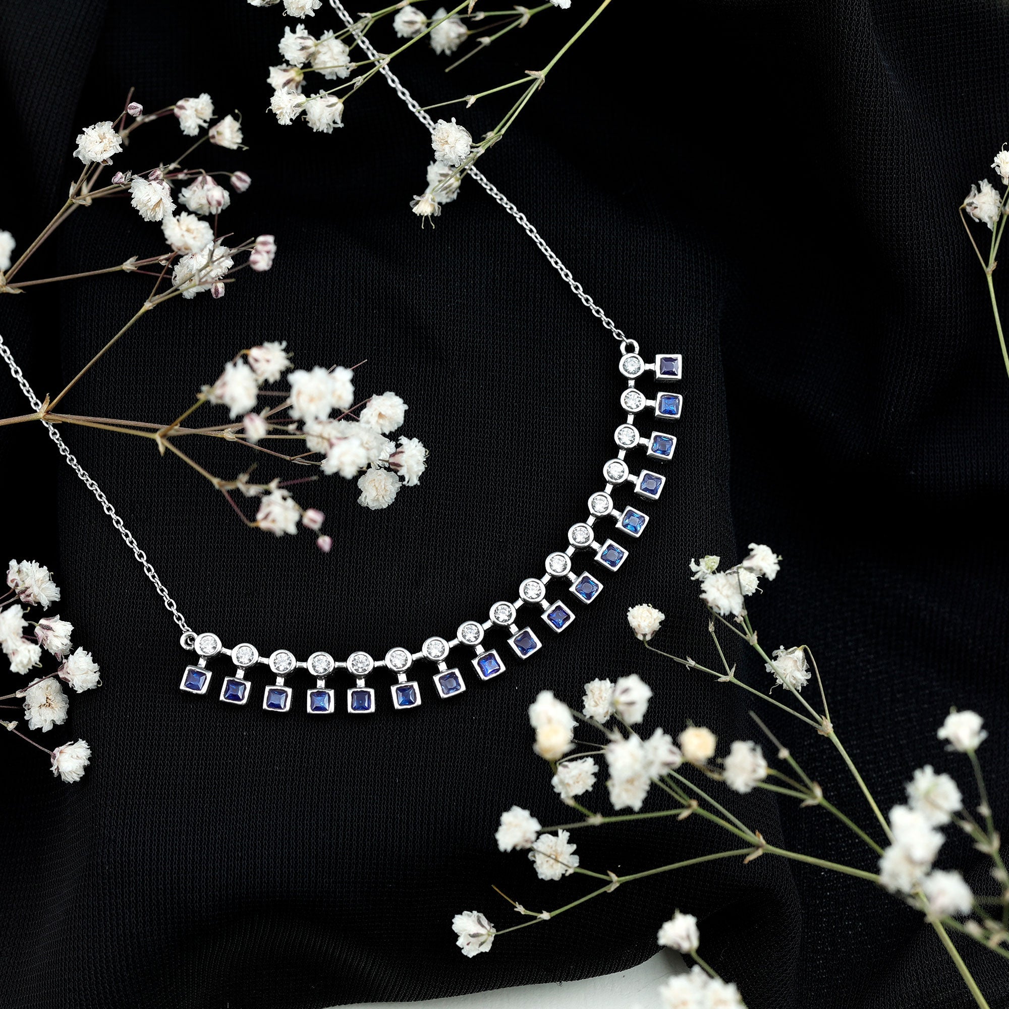 Sterling Silver Lab Grown Blue Sapphire Curved Bar Necklace for Wedding