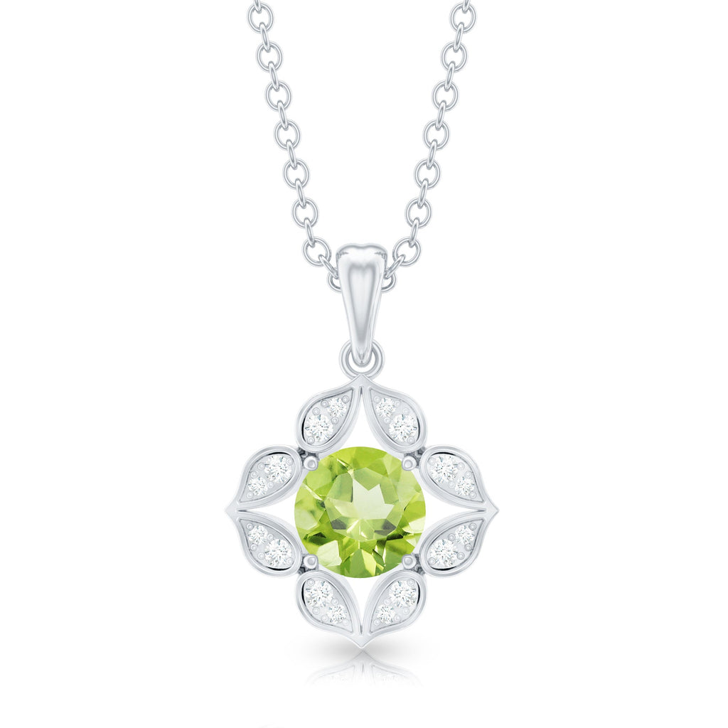 Antique Style Natural Peridot and Diamond Flower Pendant for Women