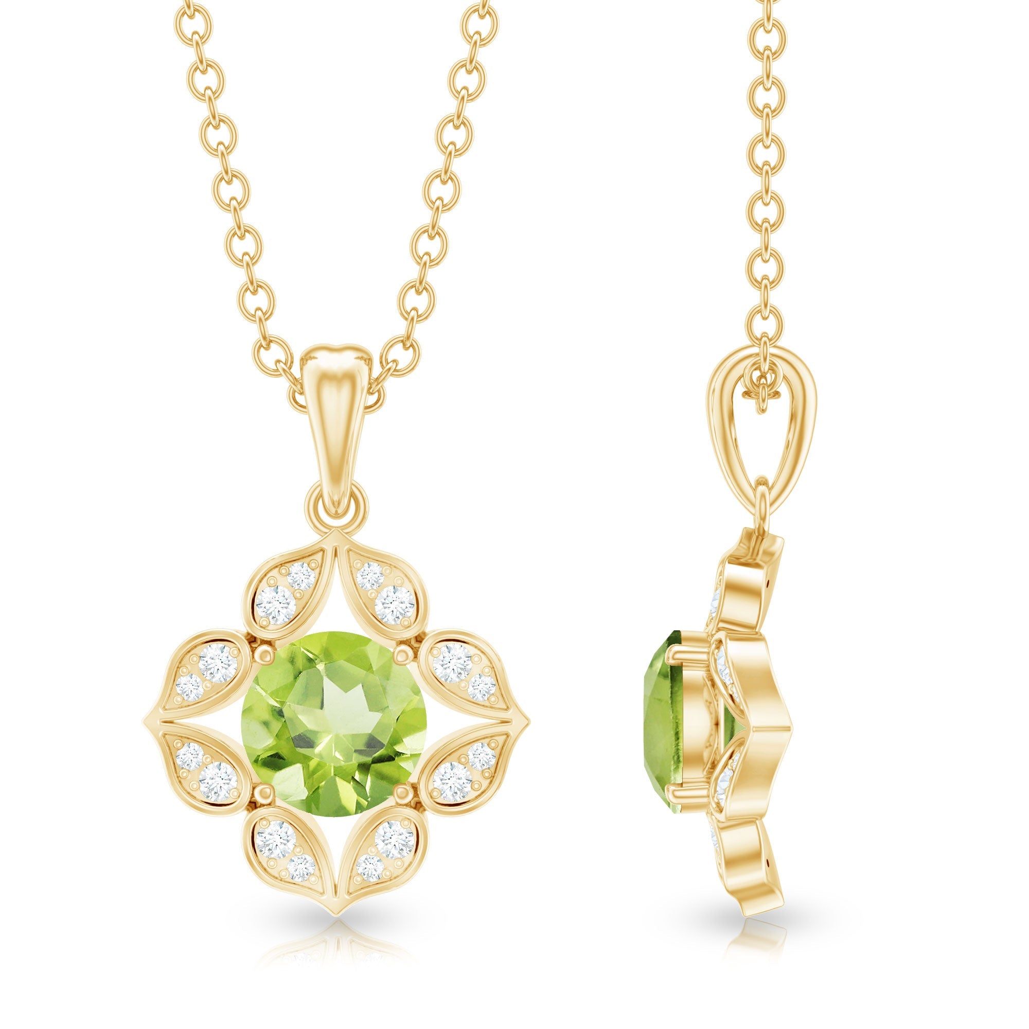 Antique Style Natural Peridot and Diamond Flower Pendant for Women