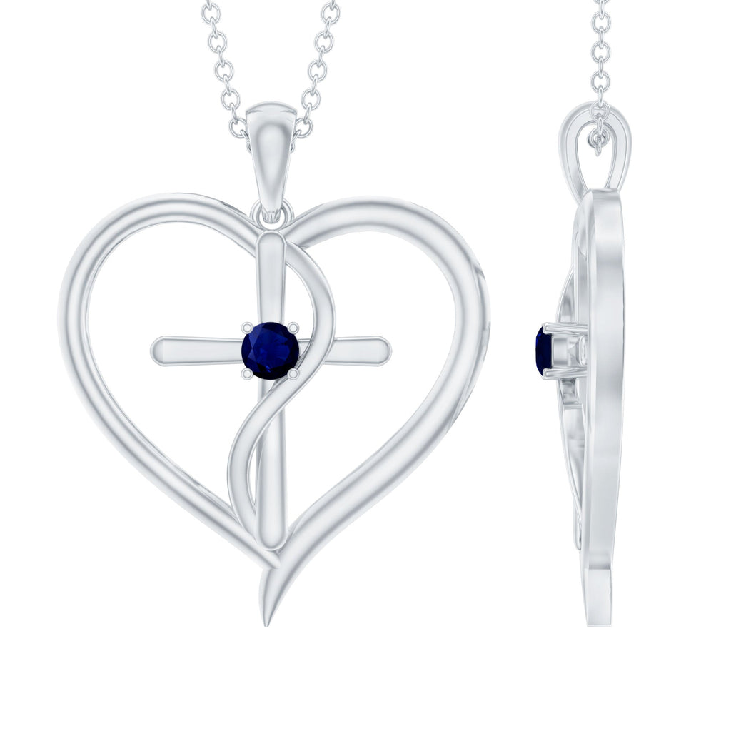 Natural Blue Sapphire Heart Cross Necklace in 14k Gold Plated Silver