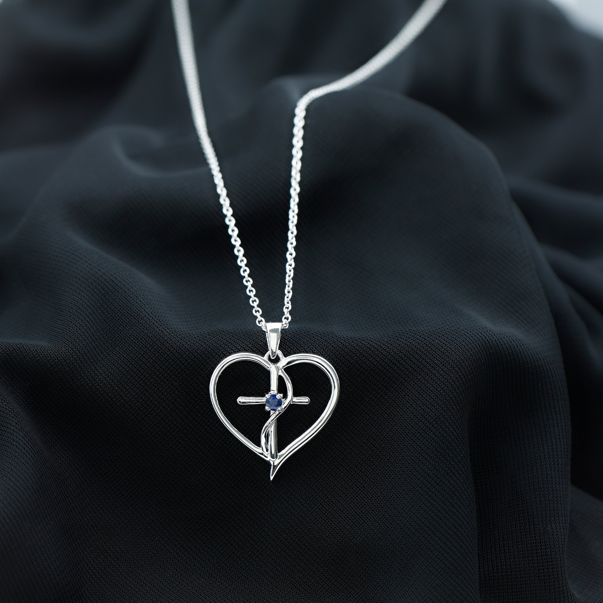 Natural Blue Sapphire Heart Cross Necklace in 14k Gold Plated Silver