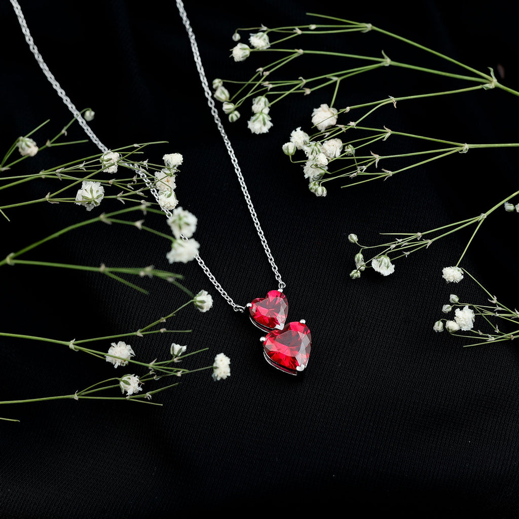 Certified 5.5 Carat Lab Created Ruby Heart Necklace with Silver Chain