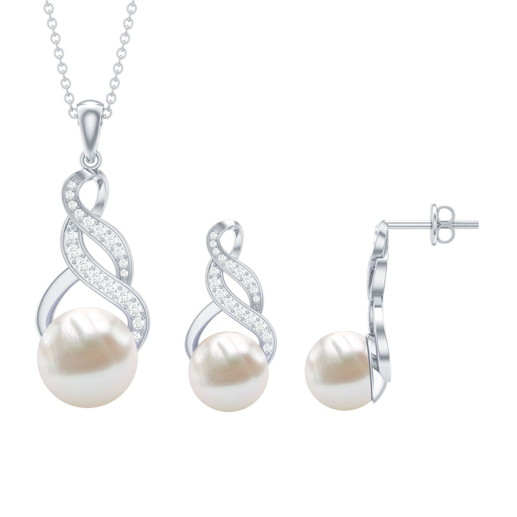 Round Freshwater Pearl and Diamond Bridal Drop Jewelry Set