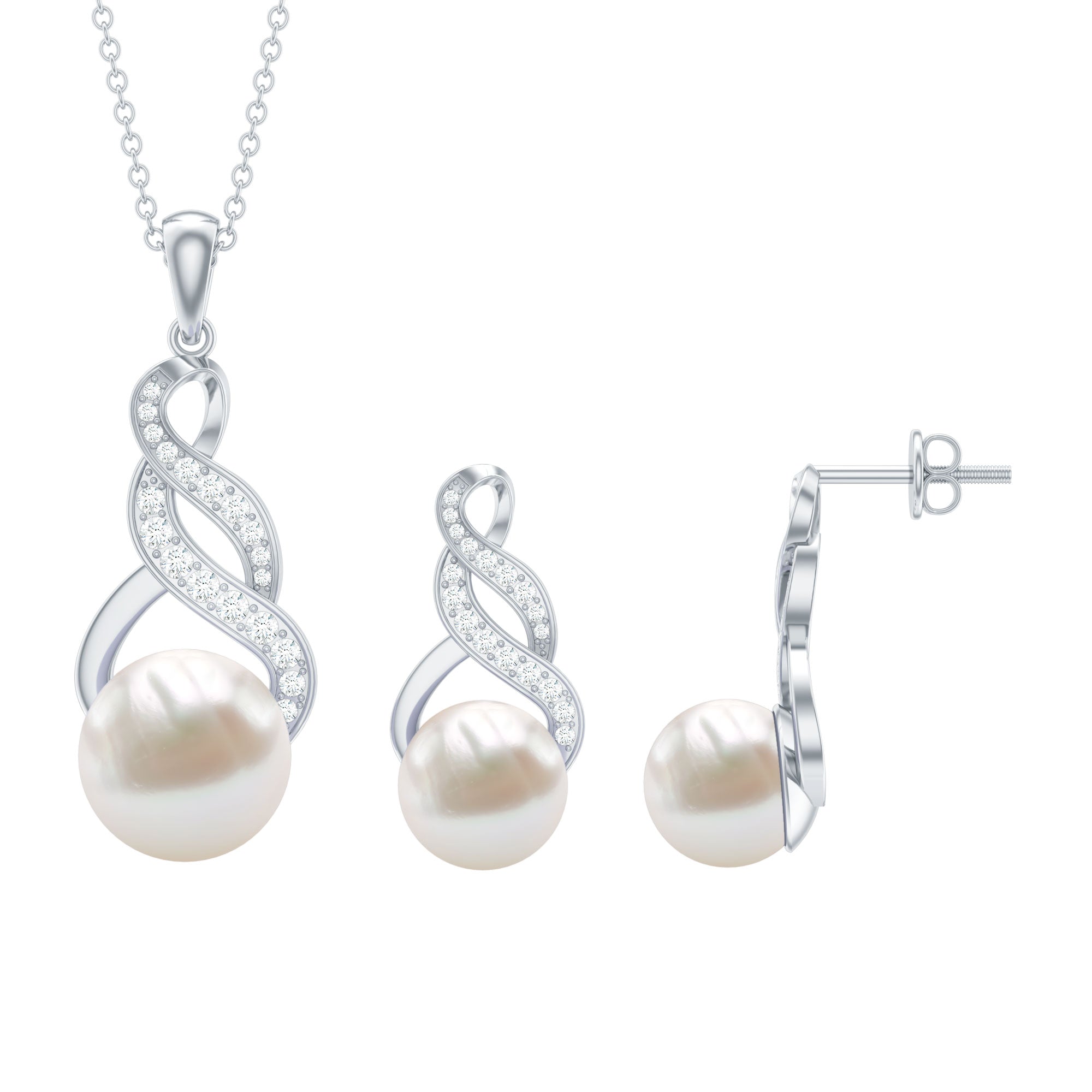 Round Freshwater Pearl and Diamond Bridal Drop Jewelry Set