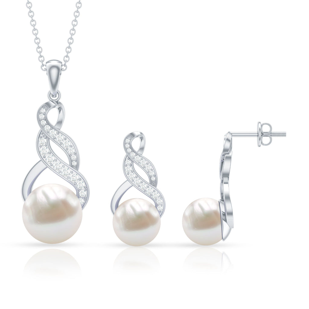 Round Freshwater Pearl and Diamond Bridal Drop Jewelry Set