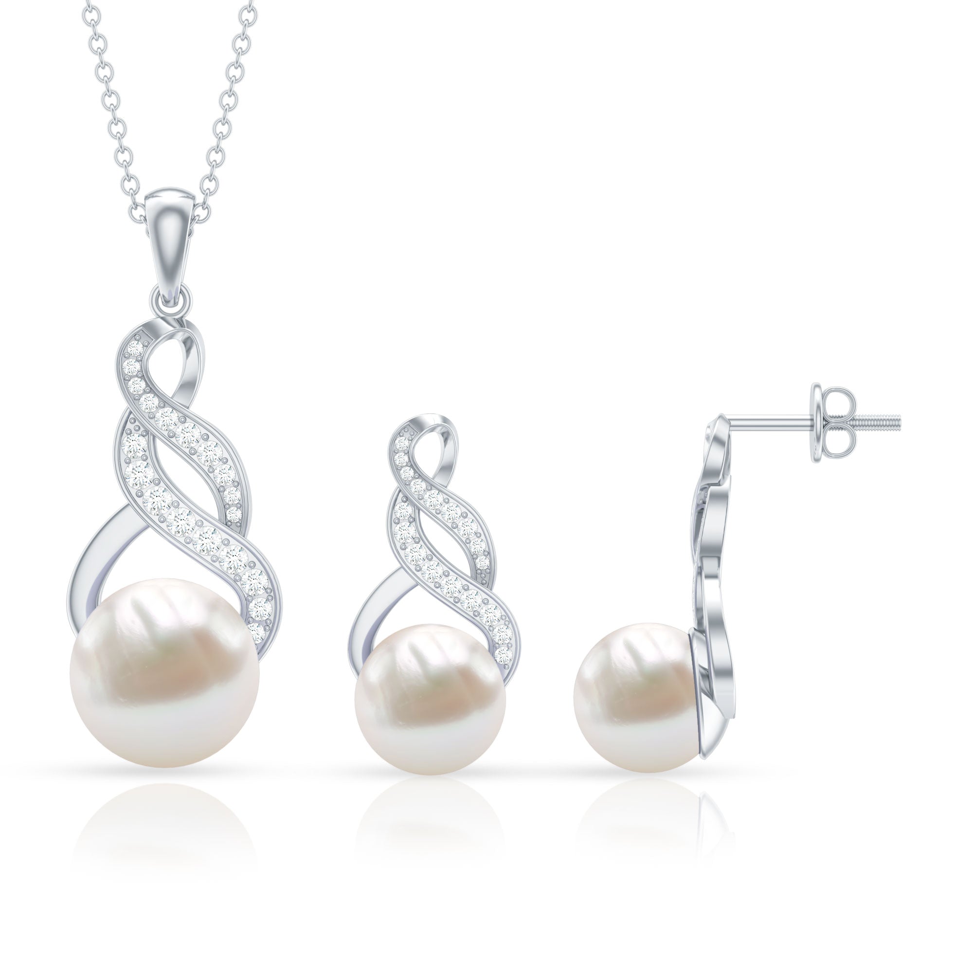 Round Freshwater Pearl and Diamond Bridal Drop Jewelry Set