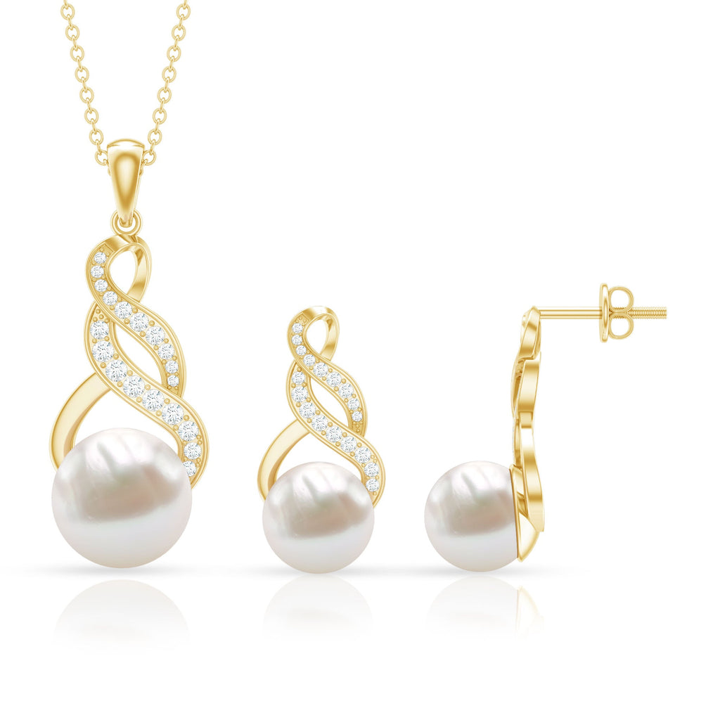 Round Freshwater Pearl and Diamond Bridal Drop Jewelry Set