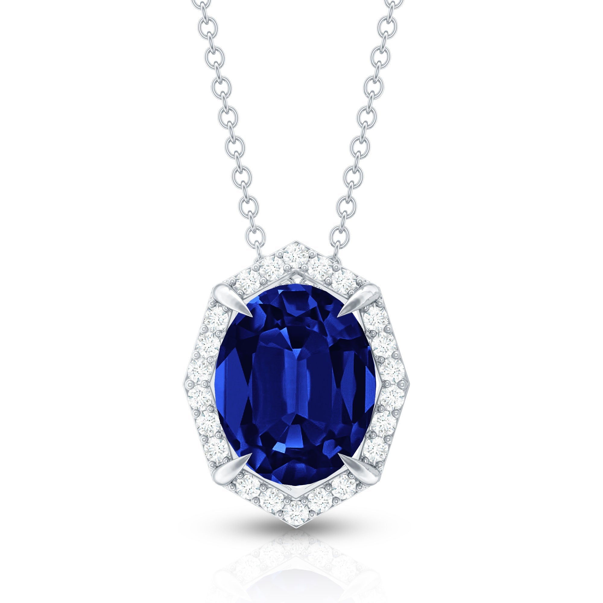 Lab Grown Blue Sapphire Art Deco Pendant Necklace with Diamond Halo