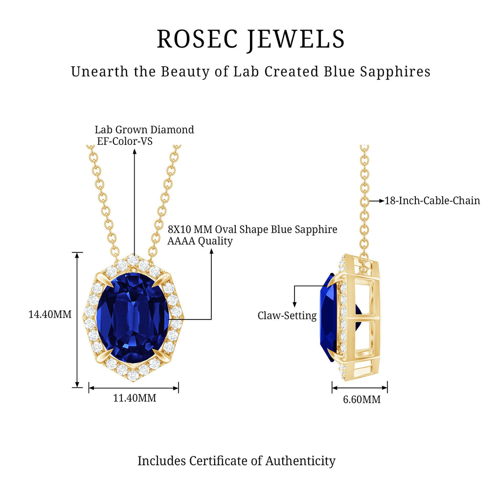 Lab Grown Blue Sapphire Art Deco Pendant Necklace with Diamond Halo