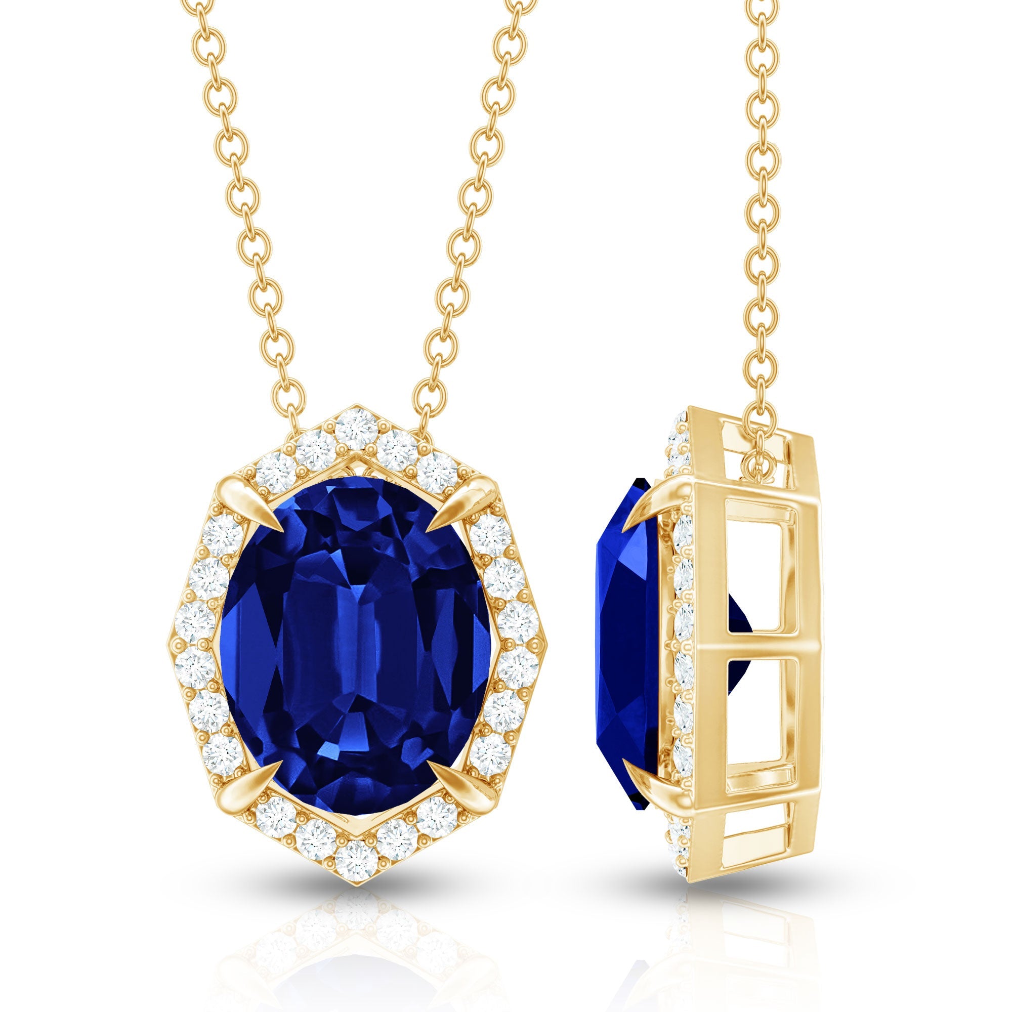 Lab Grown Blue Sapphire Art Deco Pendant Necklace with Diamond Halo