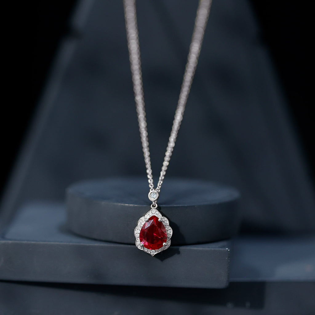 Certified Lab Grown Ruby Vintage Inspired Necklace with Diamond Halo