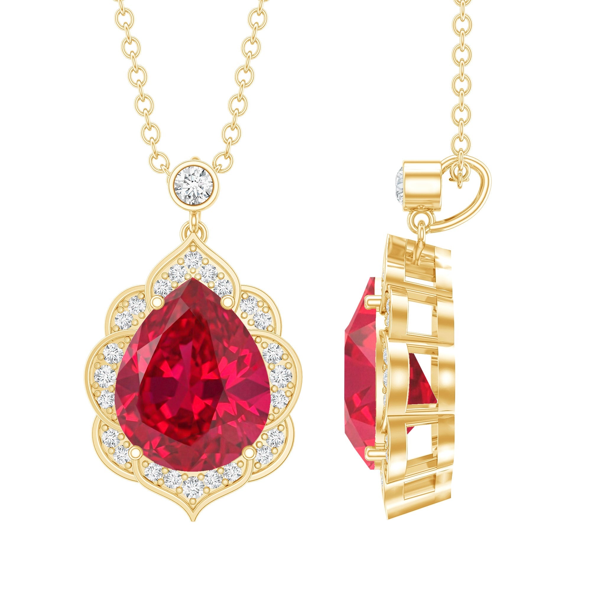 Certified Lab Grown Ruby Vintage Inspired Necklace with Diamond Halo